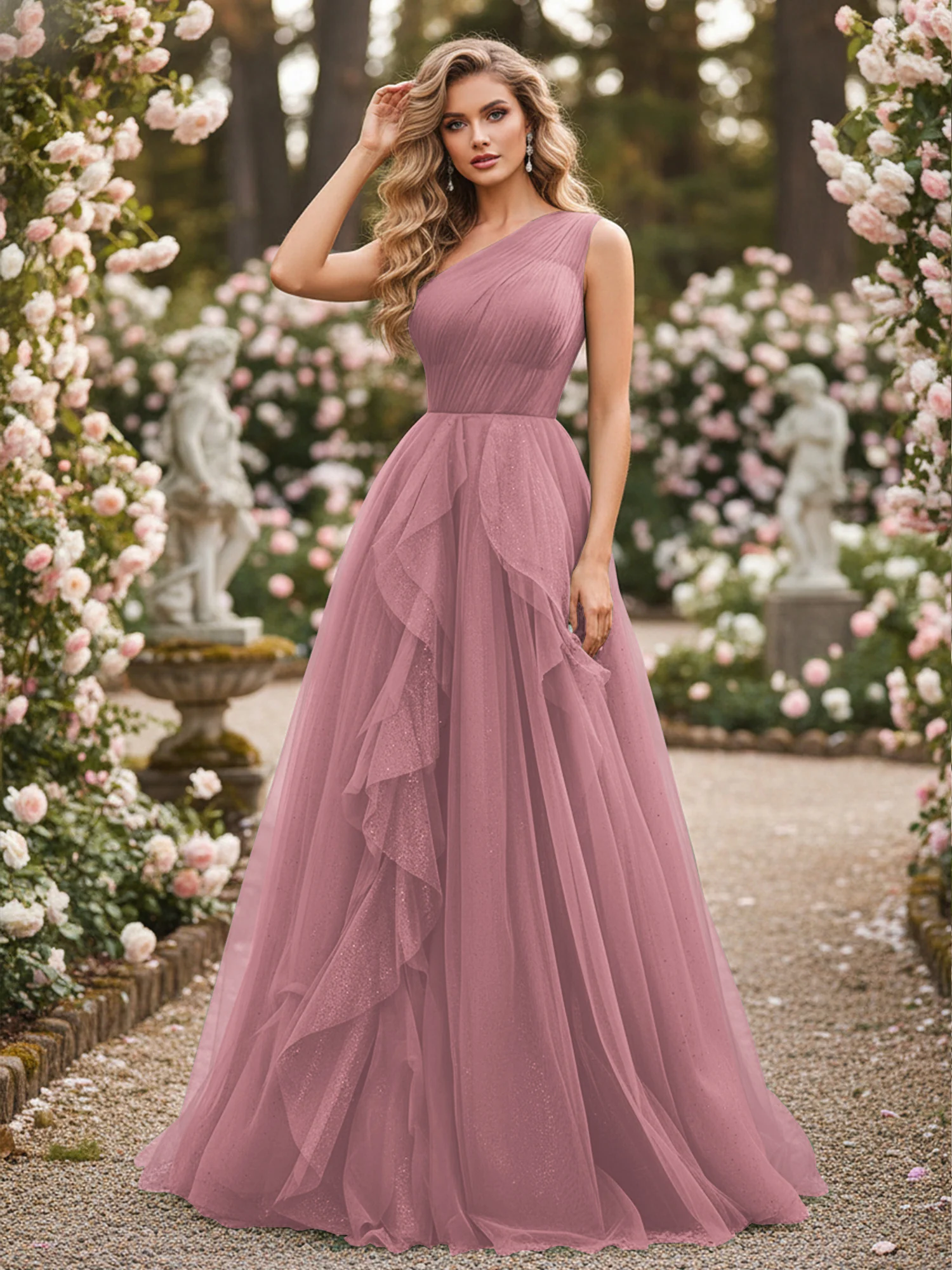 Sparkling Tulle A-Line Gown with Cascading Ruffles Vintage Mauve