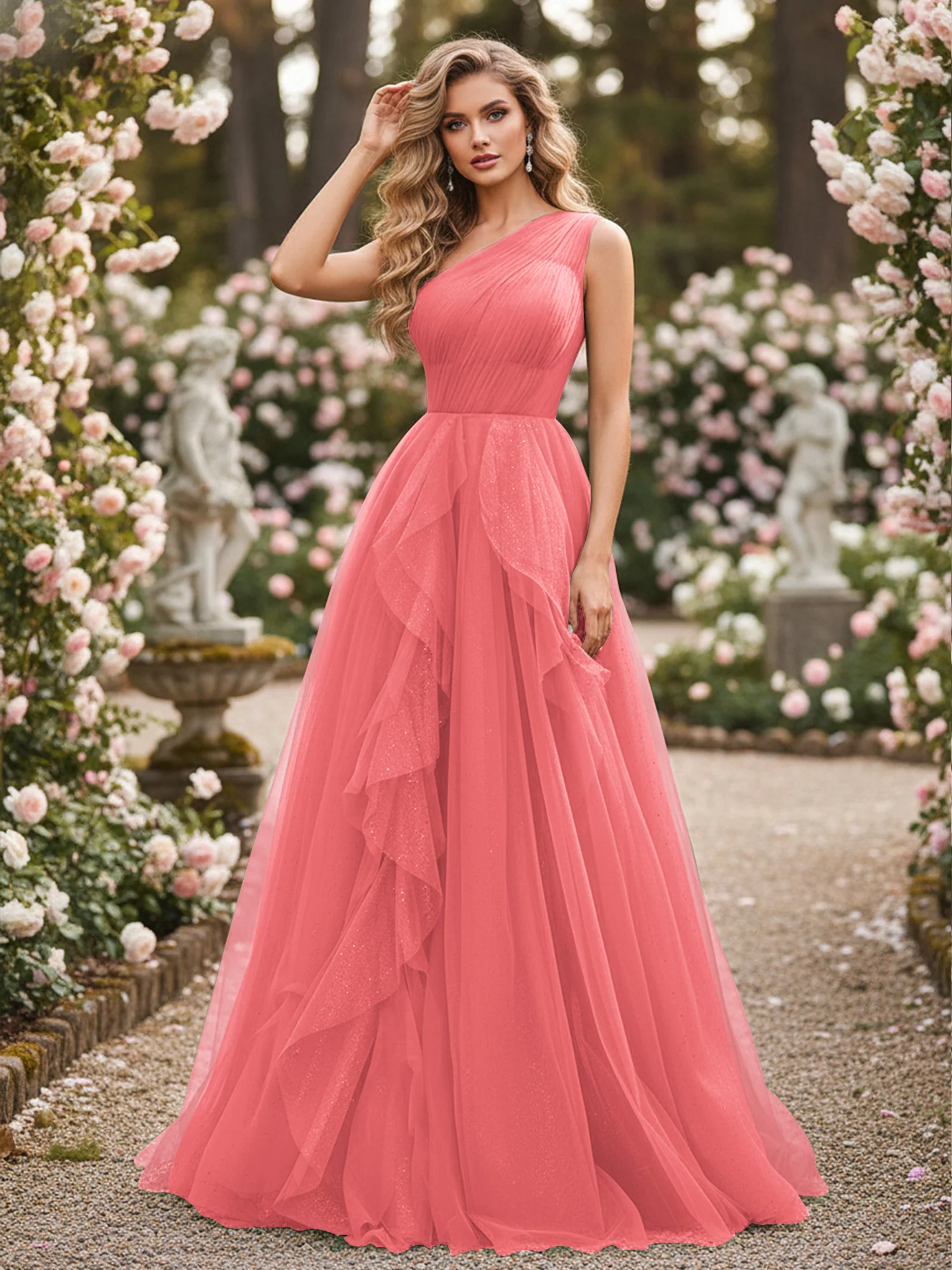 Sparkling Tulle A-Line Gown with Cascading Ruffles Watermelon