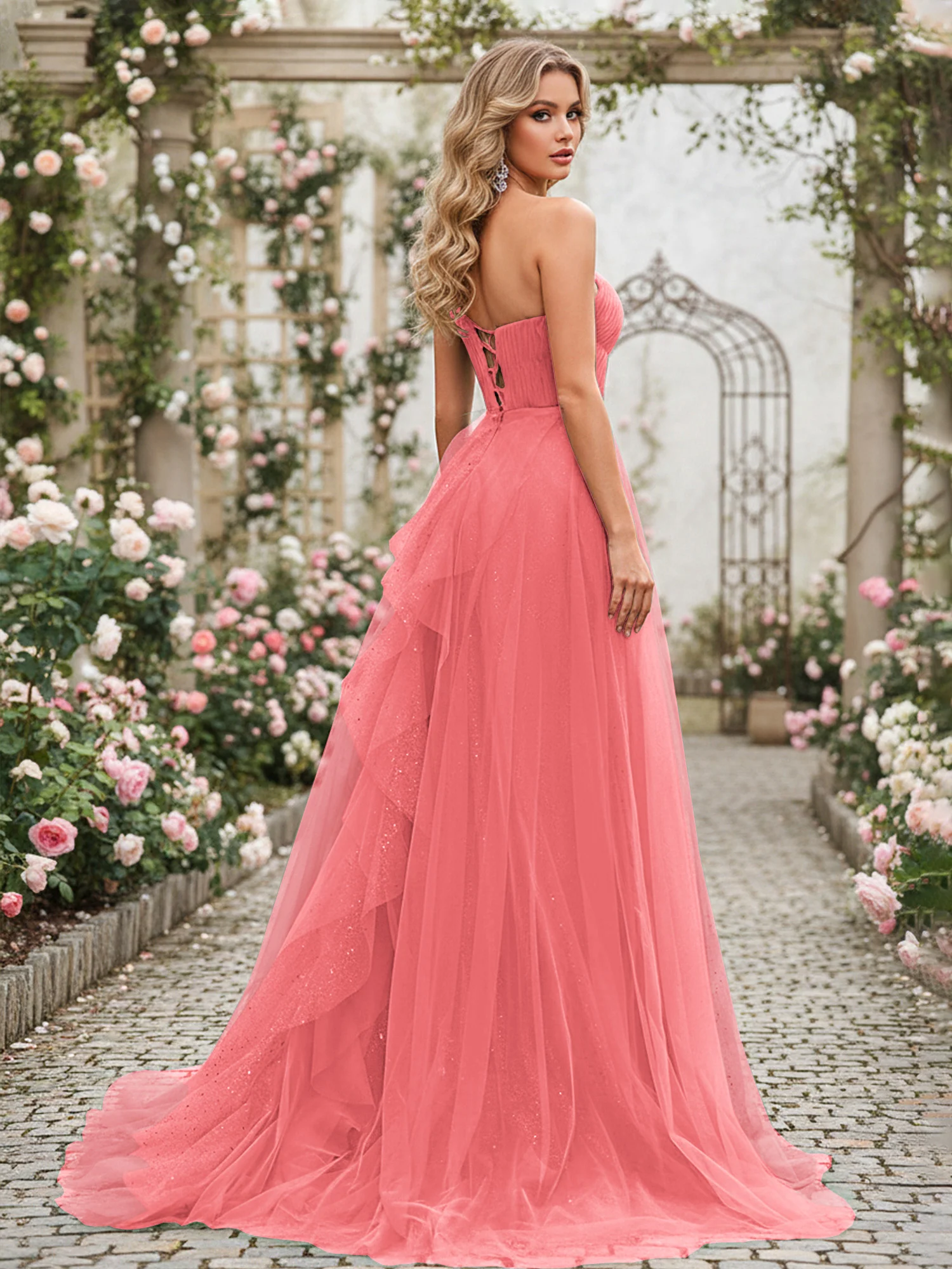 Sparkling Tulle A-Line Gown with Cascading Ruffles Watermelon - Image 2