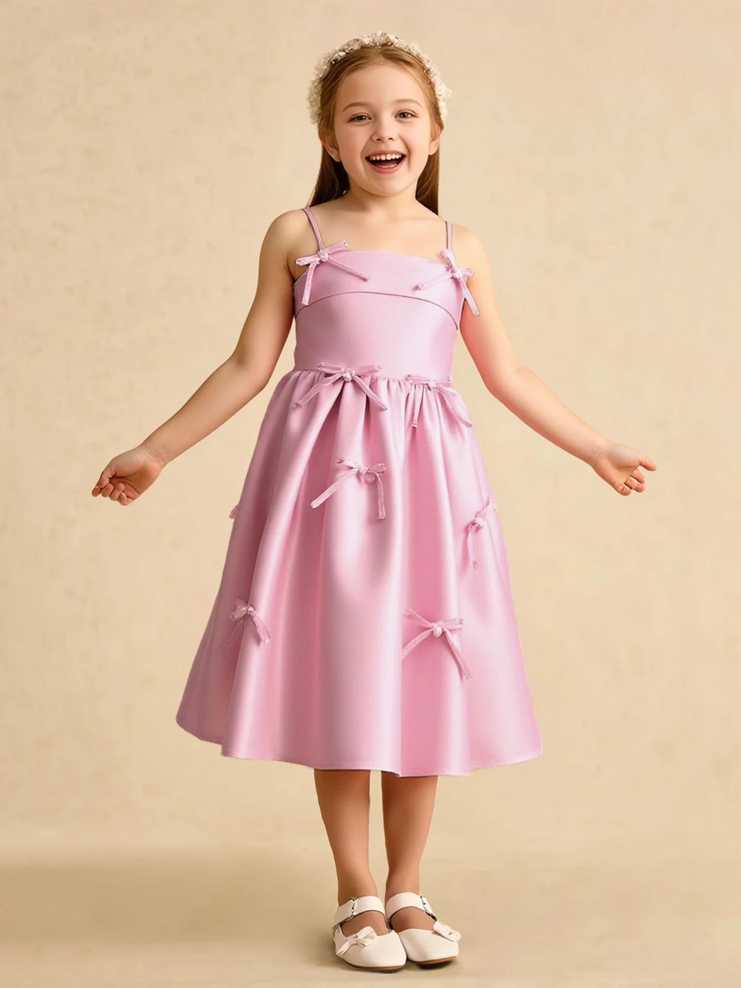 Spaghetti Strap Satin Bow Applique Flower Girl Dress Candy Pink