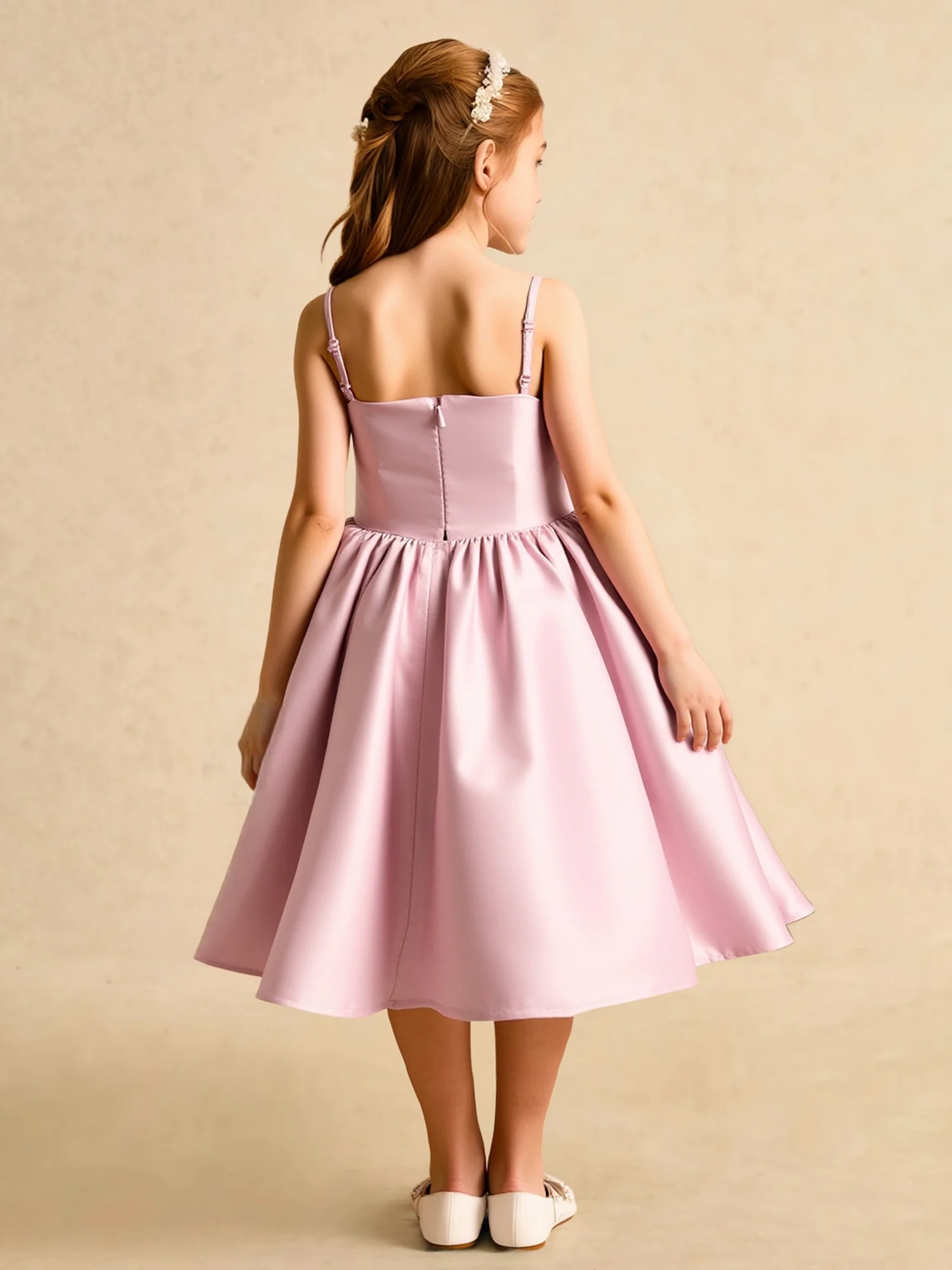 Spaghetti Strap Satin Bow Applique Flower Girl Dress Candy Pink - Image 2