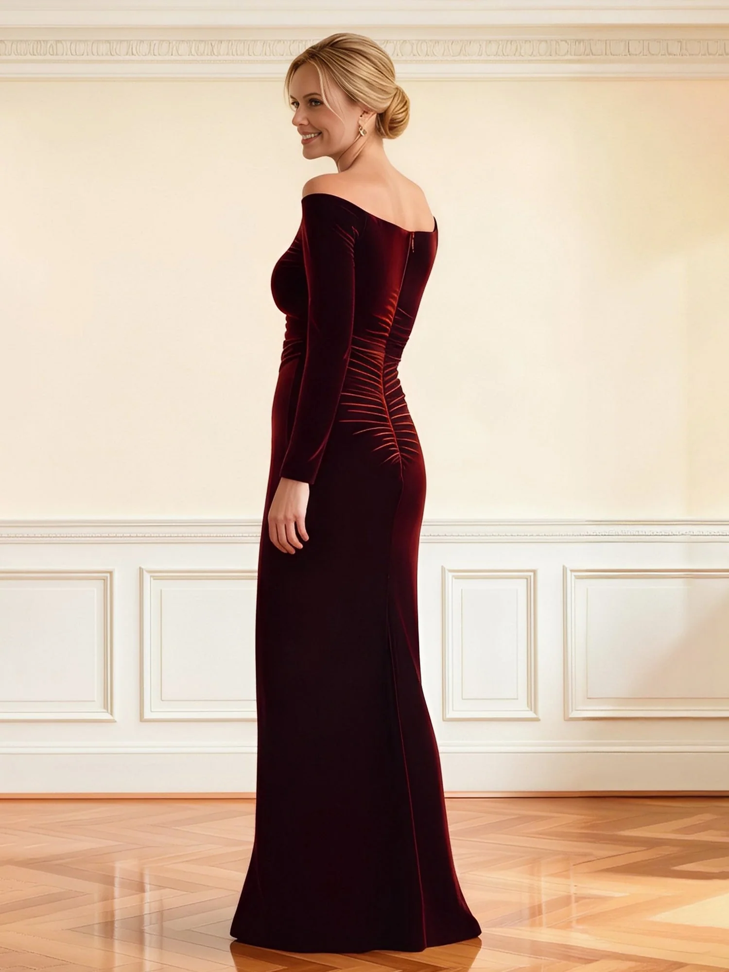 Off-Shoulder V-Cut Long Sleeve Velvet Gown Dusty Rose - Image 2