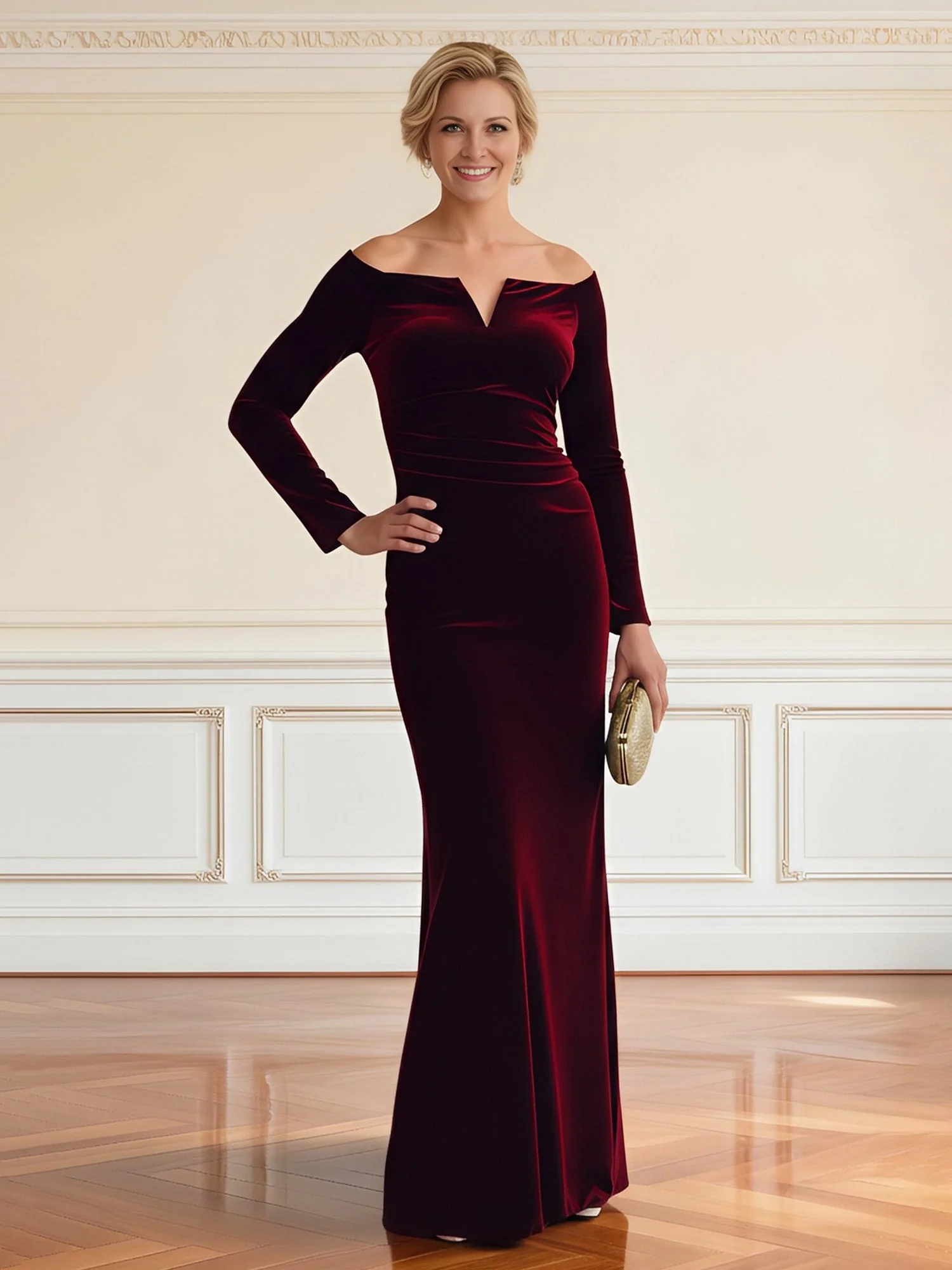 Off-Shoulder V-Cut Long Sleeve Velvet Gown Sky Blue