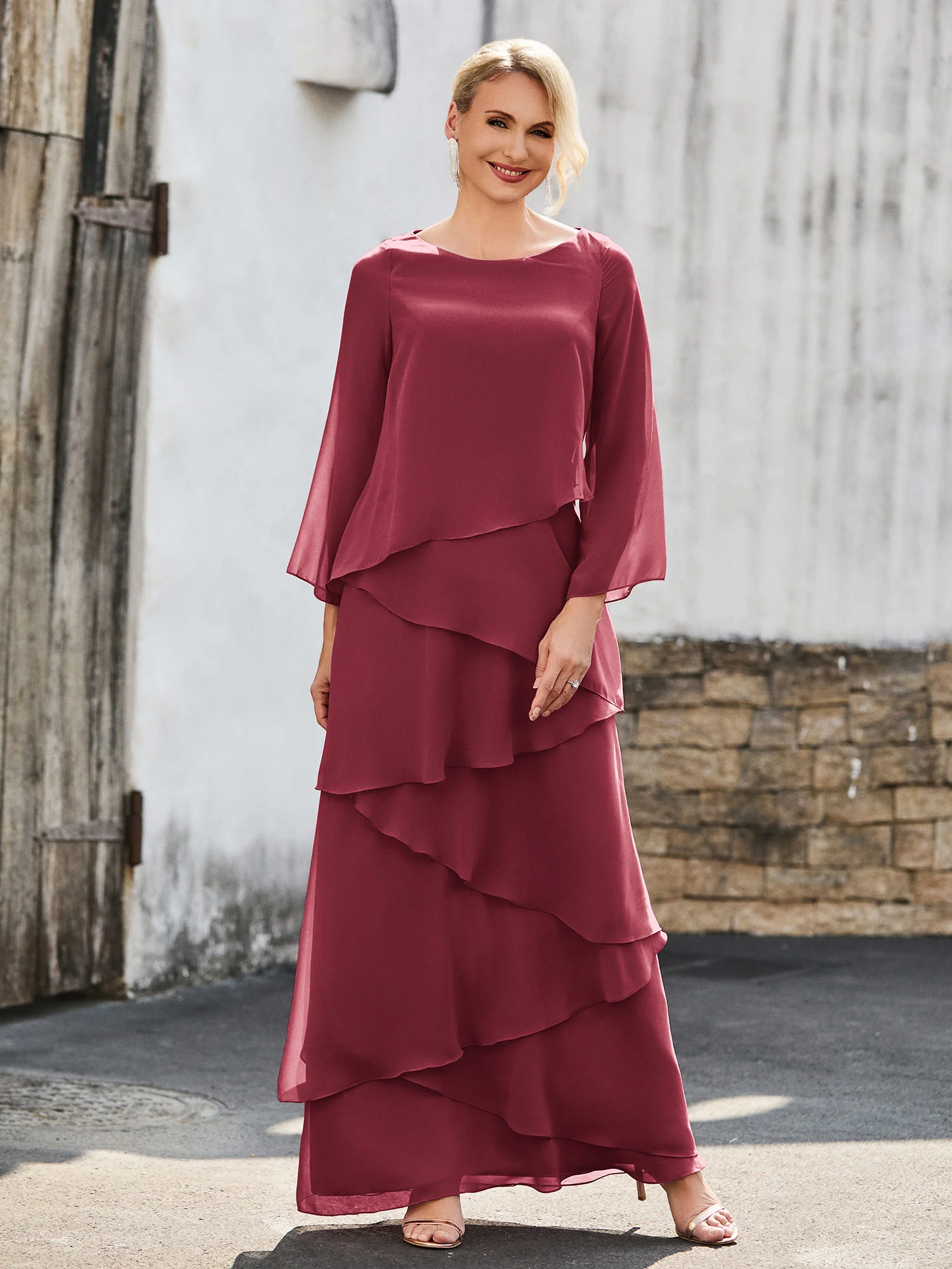 Long Sleeve Chiffon Dress with Cascading Ruffles Cinnamon Rose