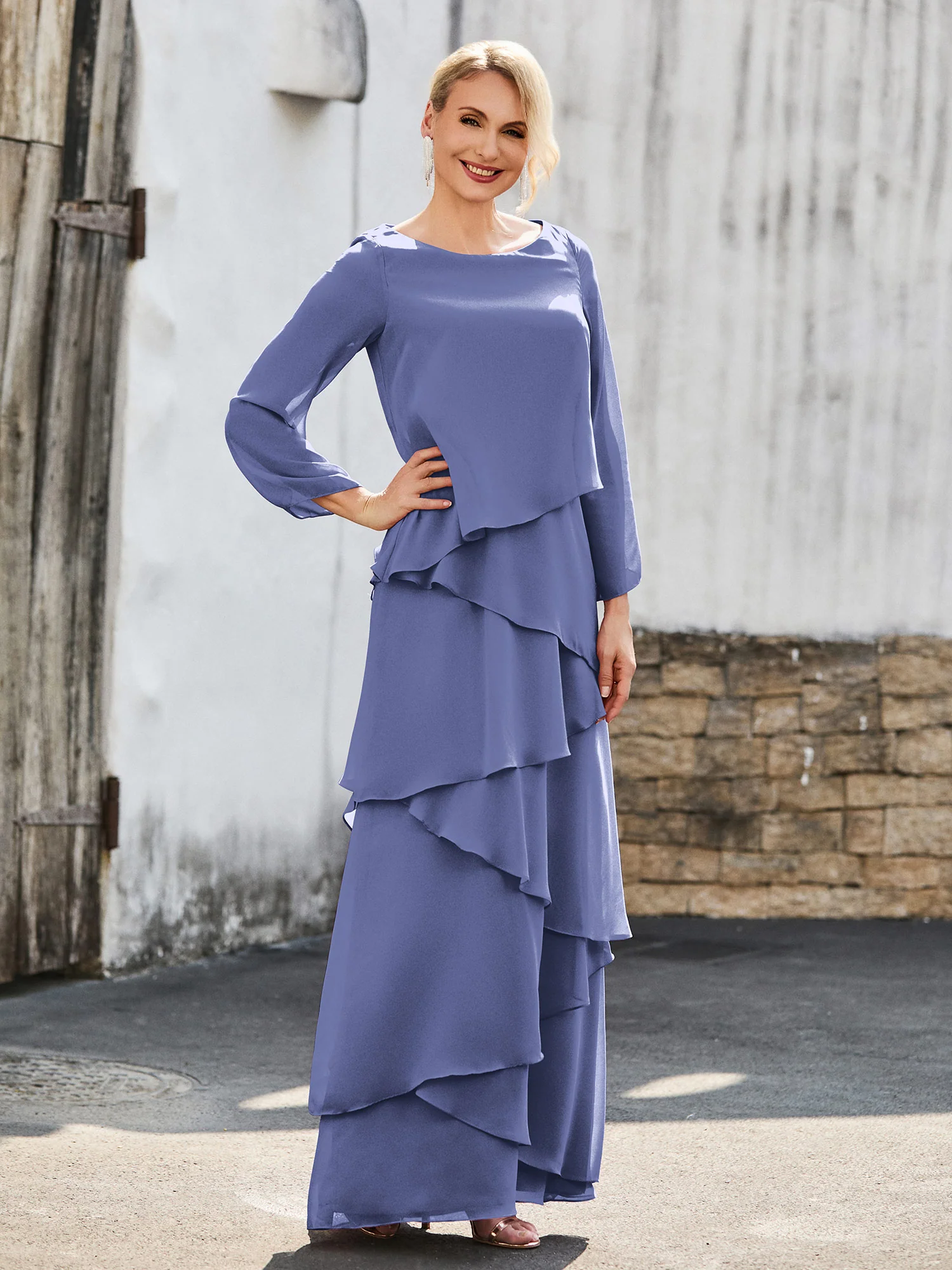 Long Sleeve Chiffon Dress with Cascading Ruffles Periwinkle - Image 3