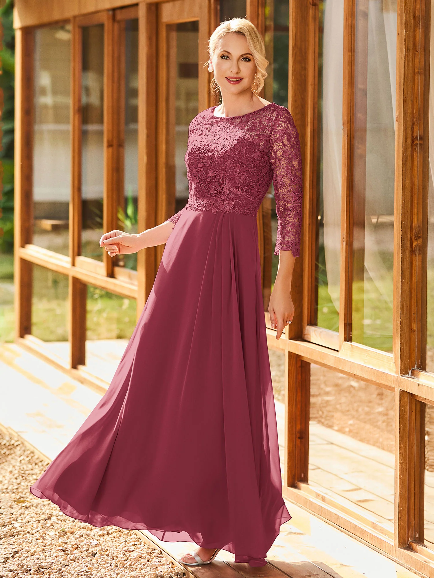 Long Sleeves Lace Top A-line Pleated Dress Cinnamon Rose - Image 3