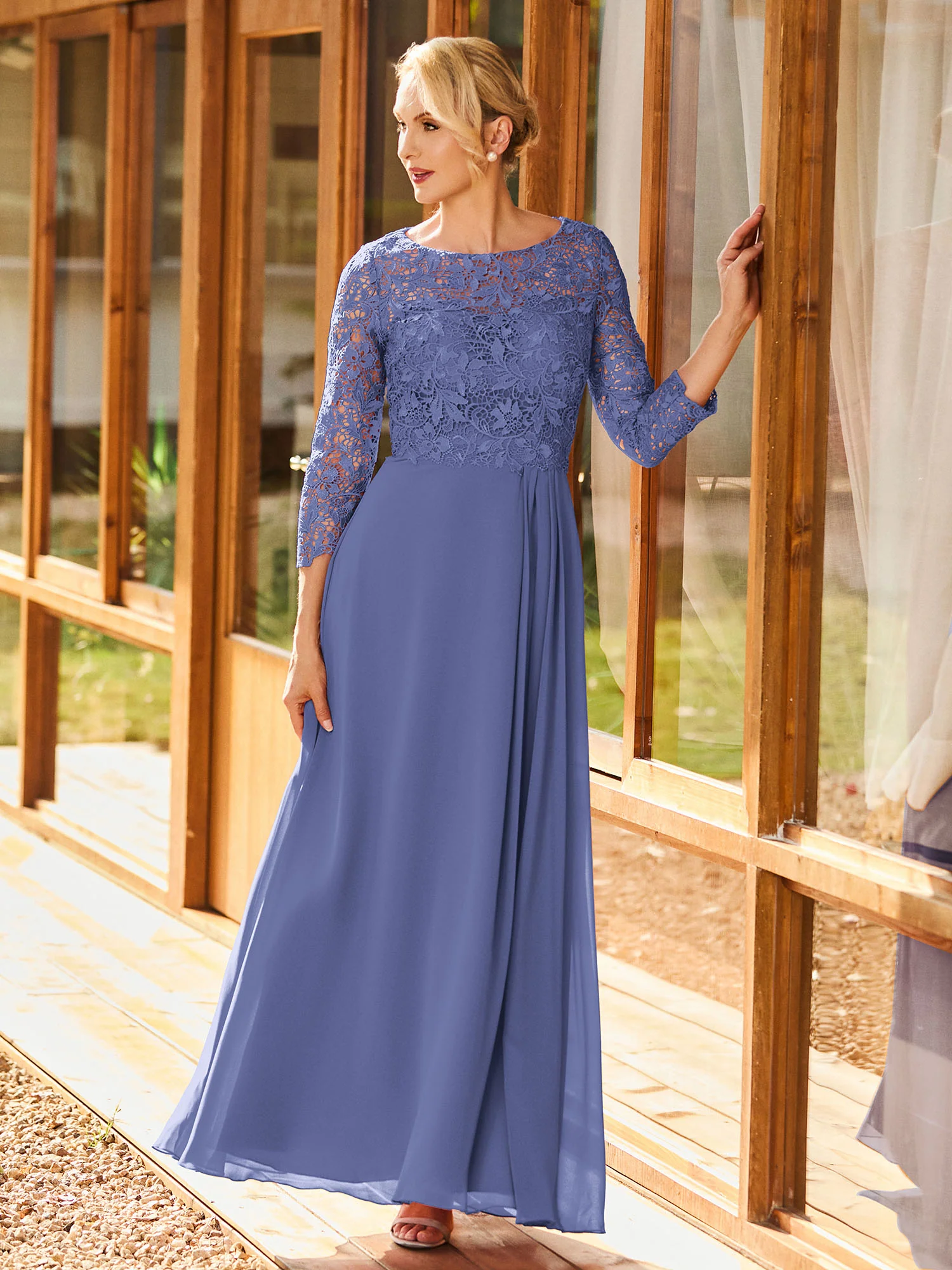 Long Sleeves Lace Top A-line Pleated Dress Periwinkle
