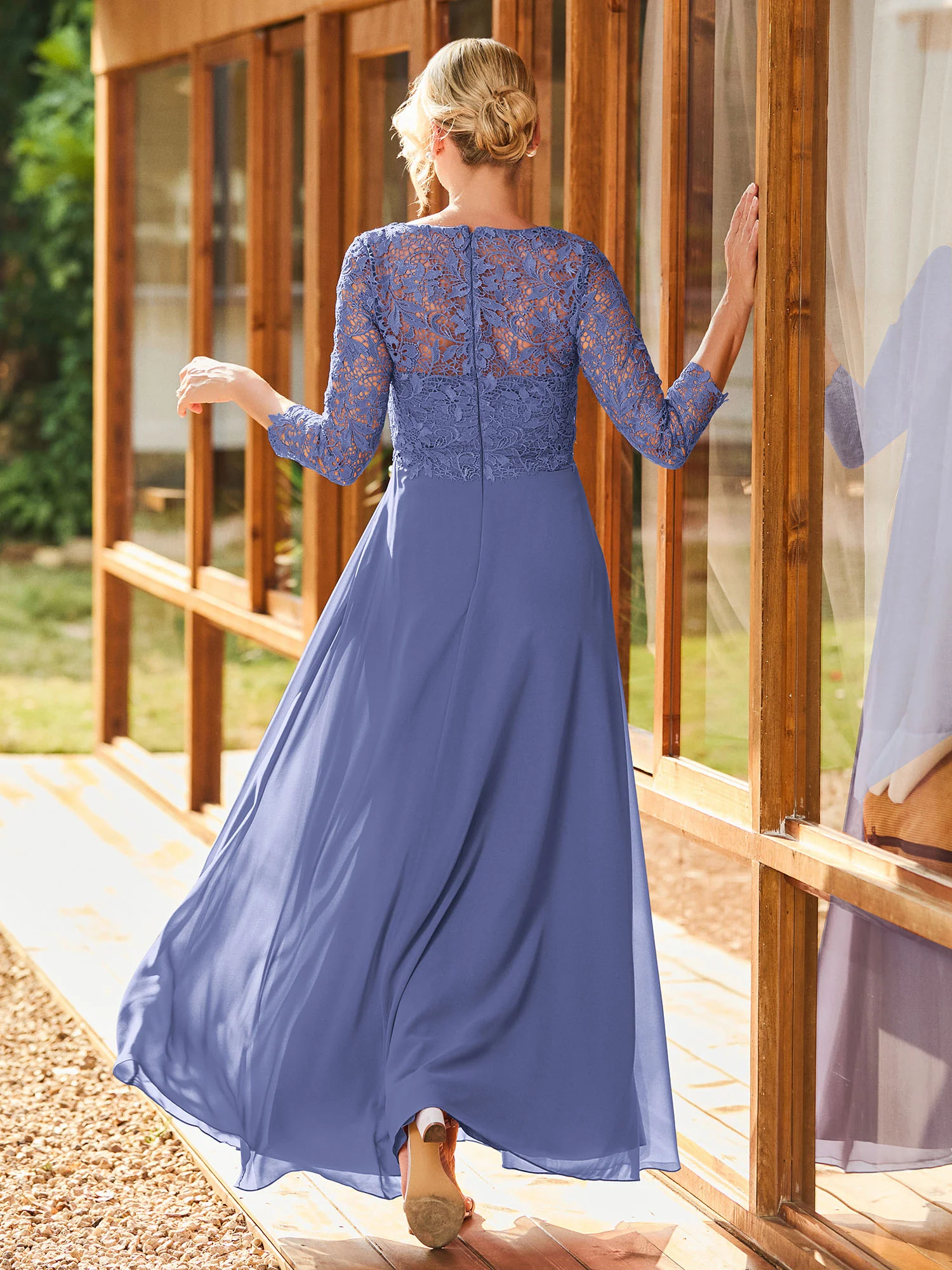 Long Sleeves Lace Top A-line Pleated Dress Periwinkle - Image 2