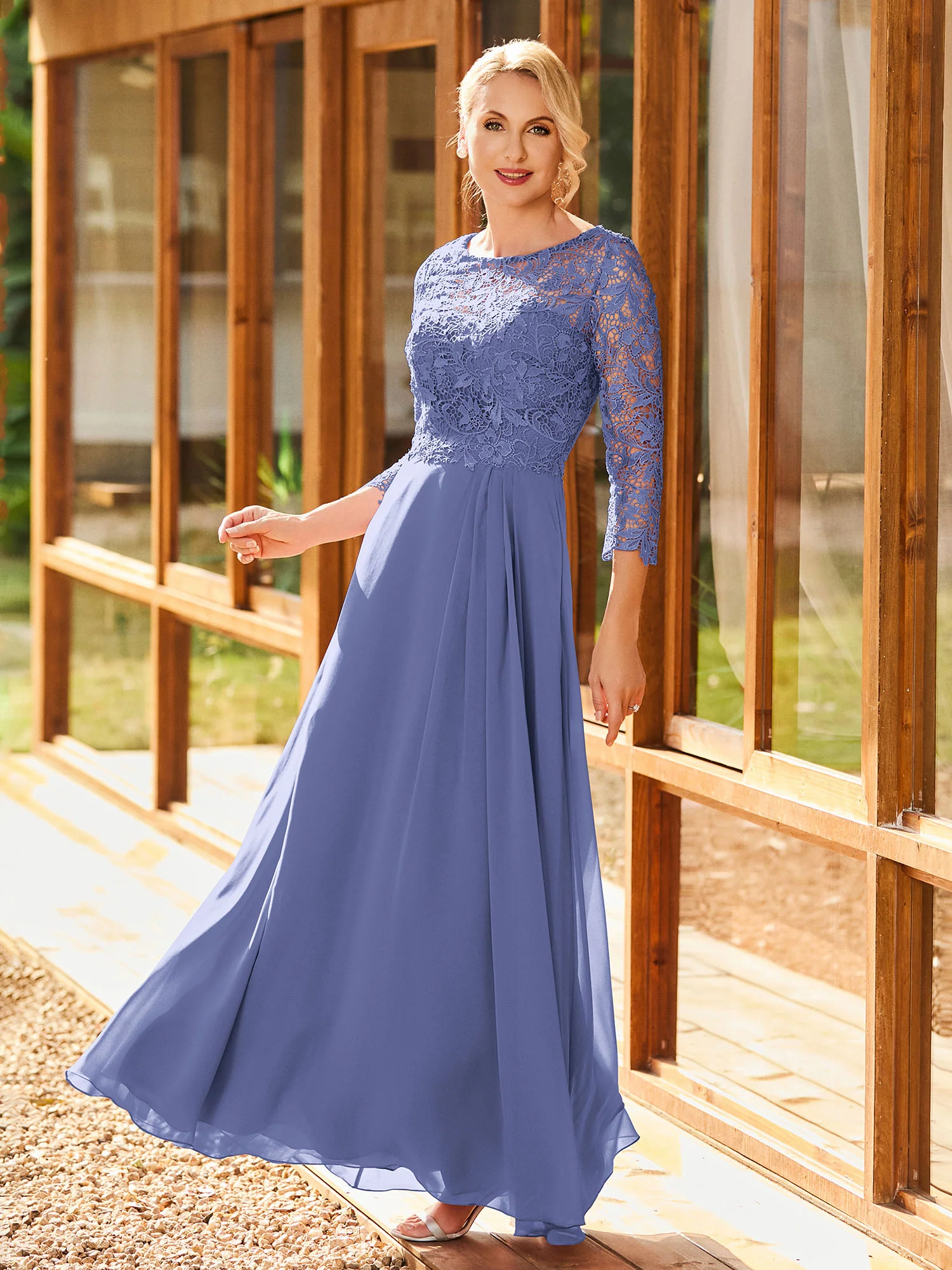 Long Sleeves Lace Top A-line Pleated Dress Periwinkle - Image 3