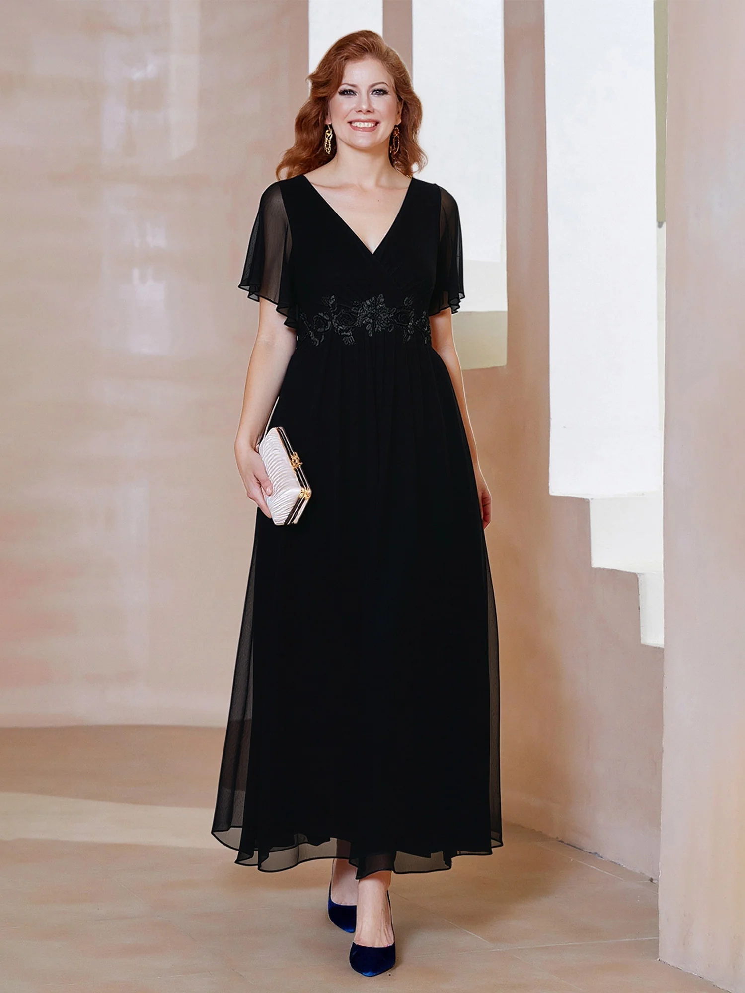 Chiffon V-Neck A-Line Gown with Flutter Sleeves Black