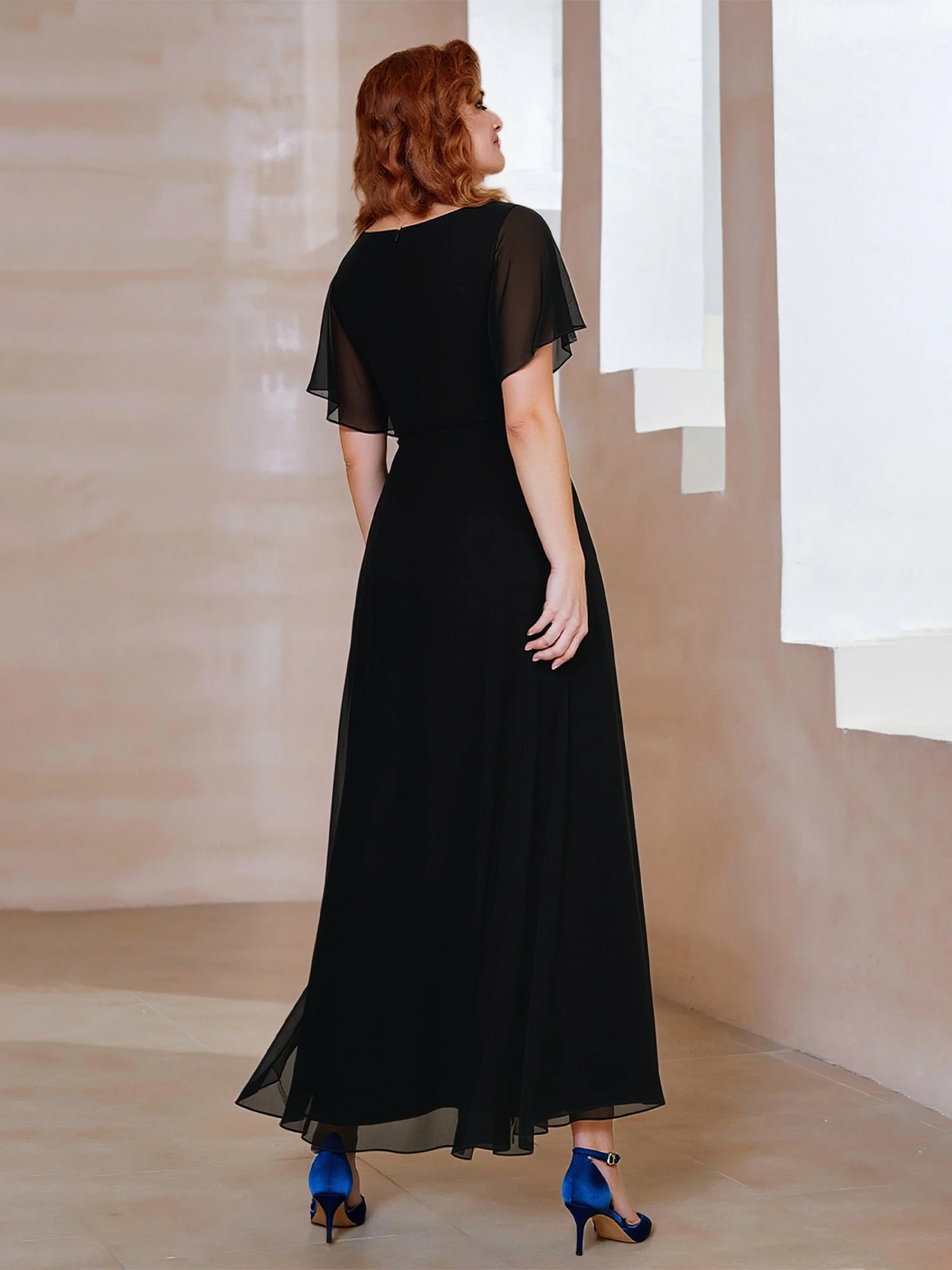 Chiffon V-Neck A-Line Gown with Flutter Sleeves Black - Image 2