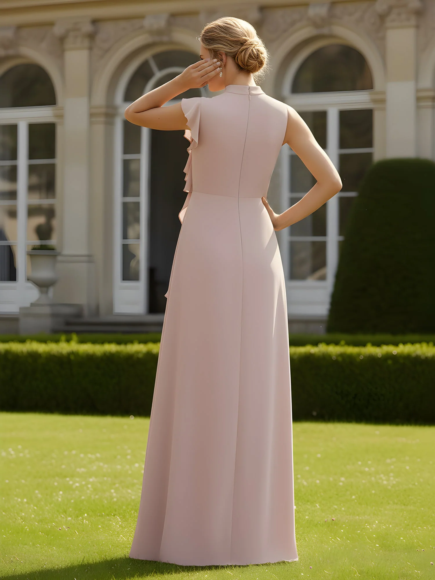 High Neck Pleated A-Line Ruffle Gown Turquoise - Image 2