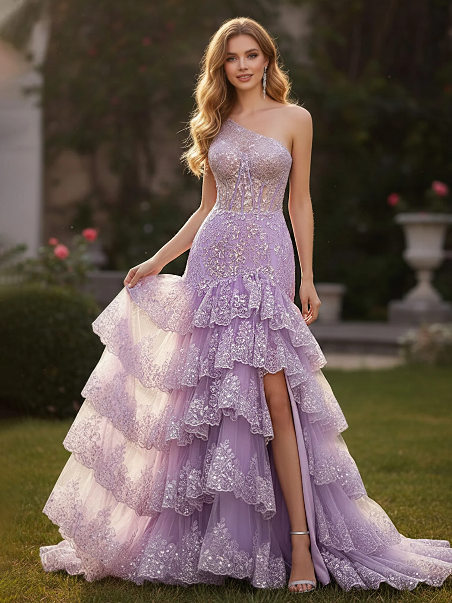 One Shoulder Lace Sequins Tiered Dress With Slit Lilac