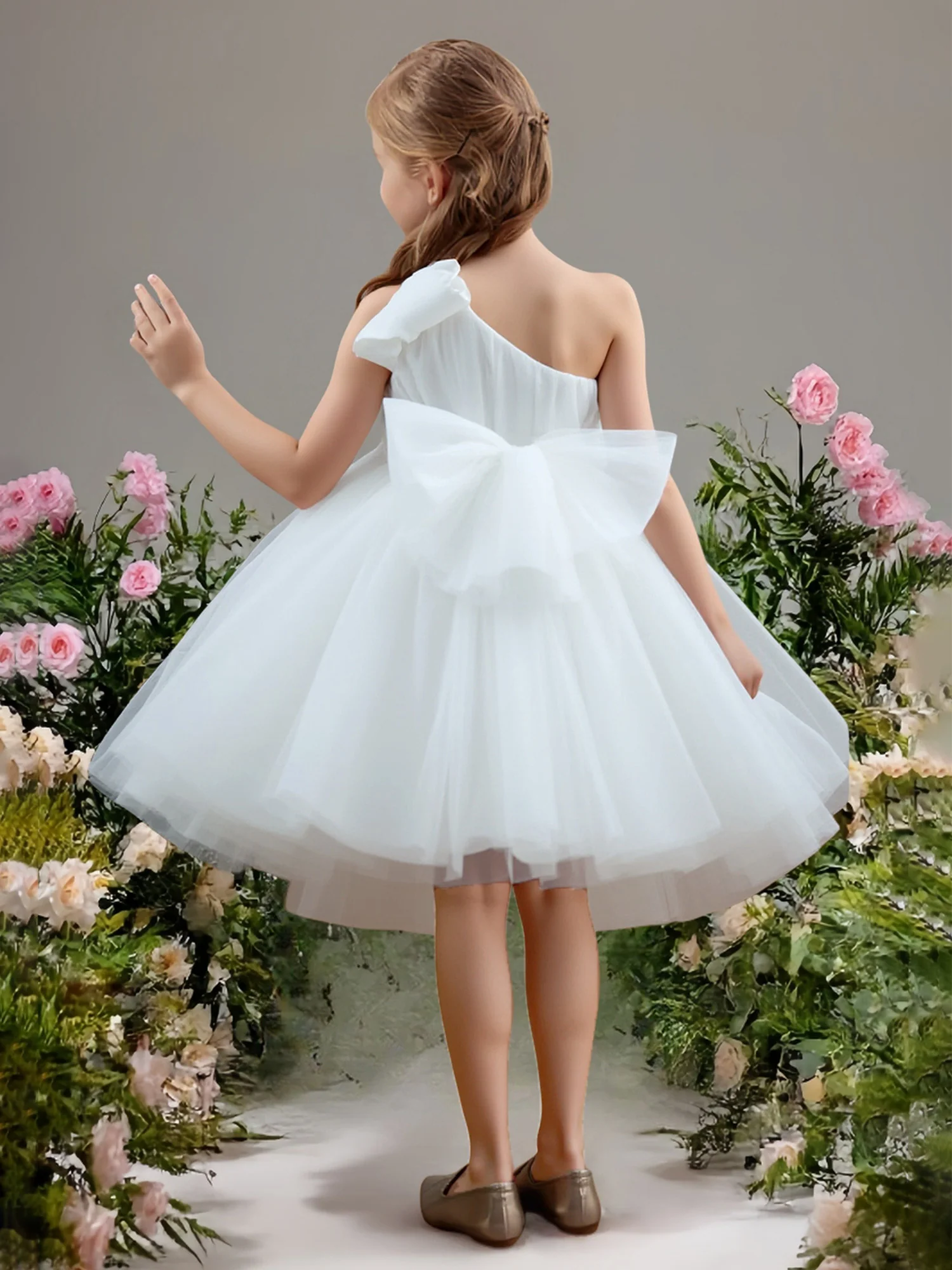 Ruched Bodice Big Back Bow Tutu Flower Girl Dress White - Image 2