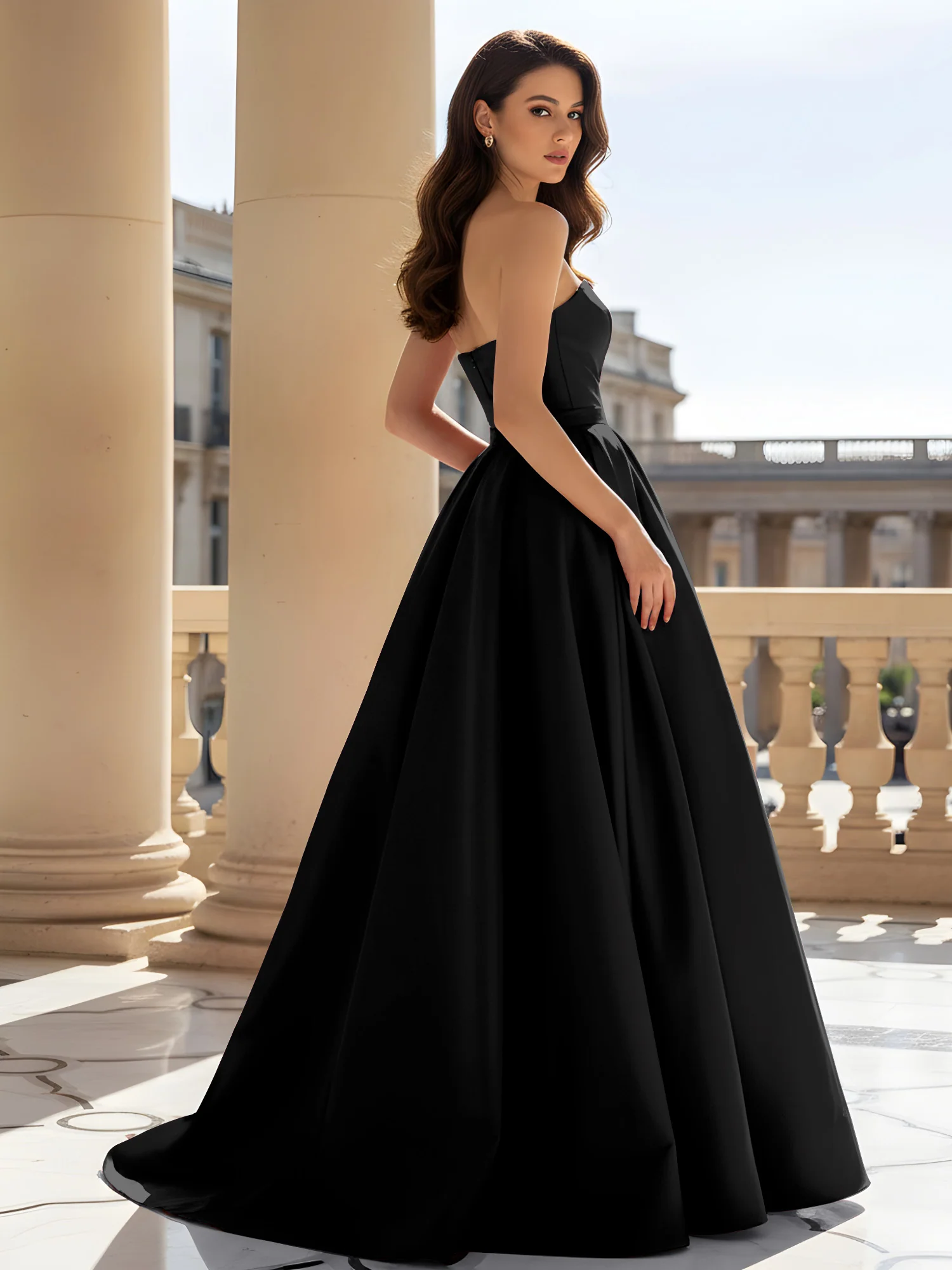 Strapless Structured Satin Ball Gown with Belt Detail Black - Image 2