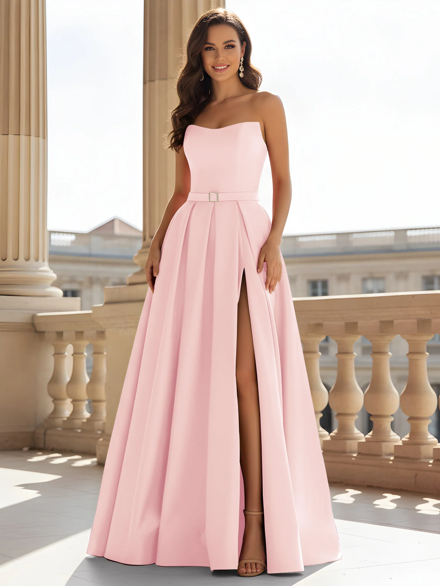 Strapless Structured Satin Ball Gown with Belt Detail Blushing Pink