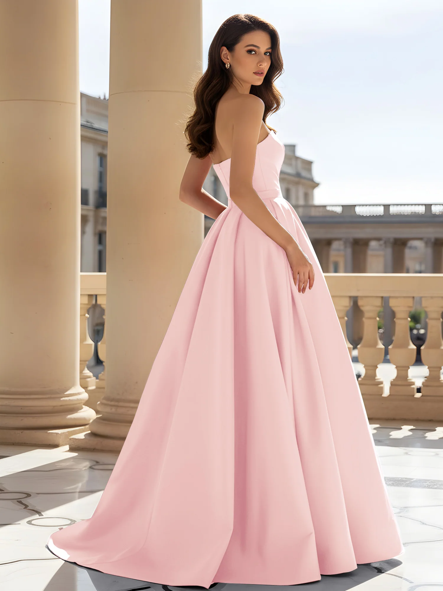 Strapless Structured Satin Ball Gown with Belt Detail Blushing Pink - Image 2