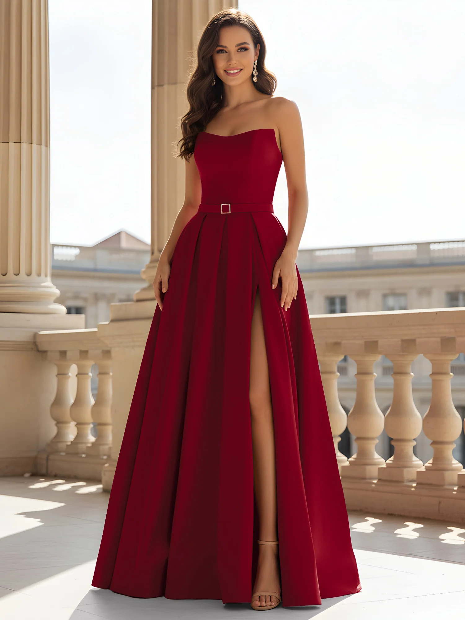 Strapless Structured Satin Ball Gown with Belt Detail Burgundy