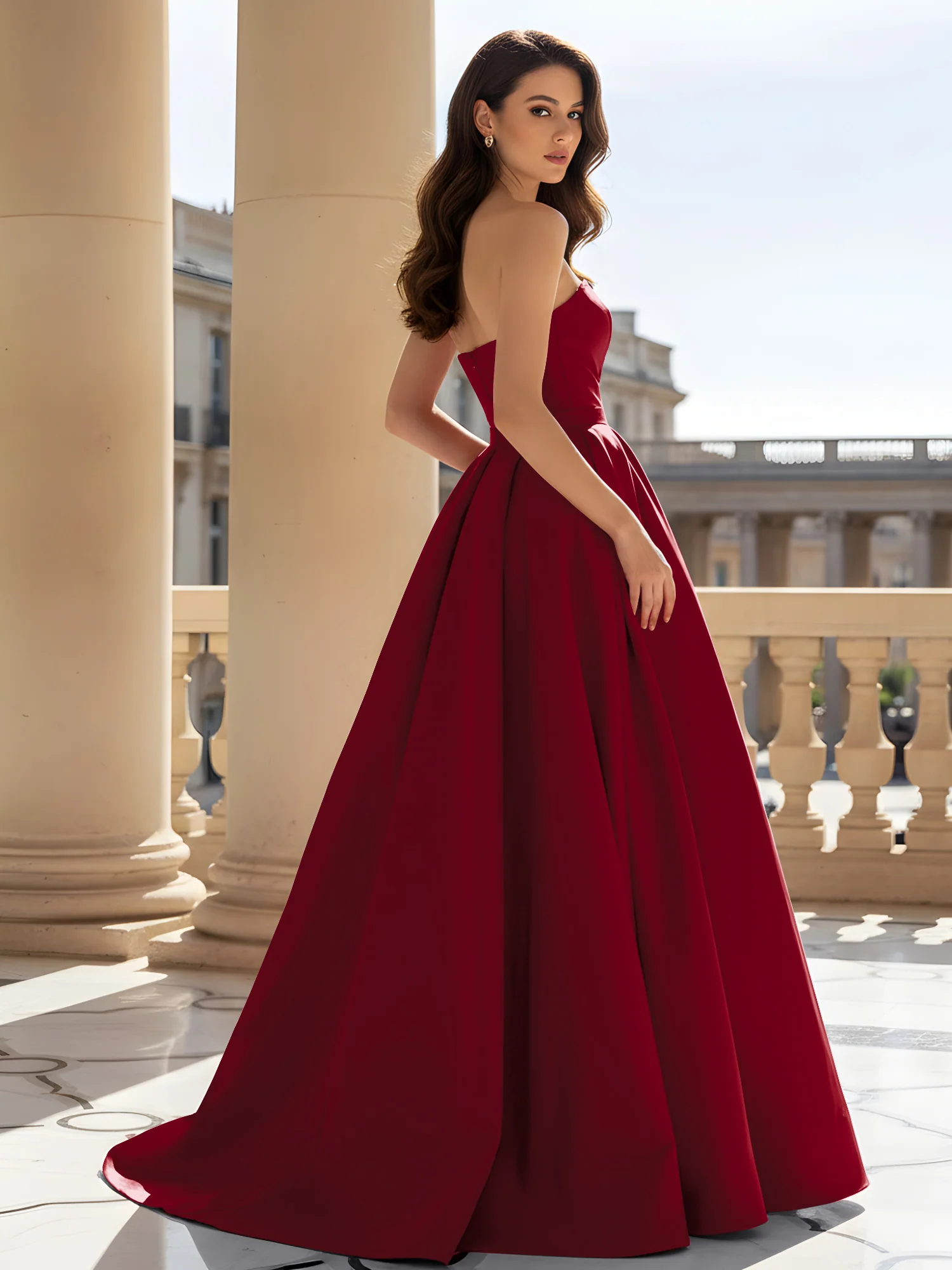 Strapless Structured Satin Ball Gown with Belt Detail Burgundy - Image 2