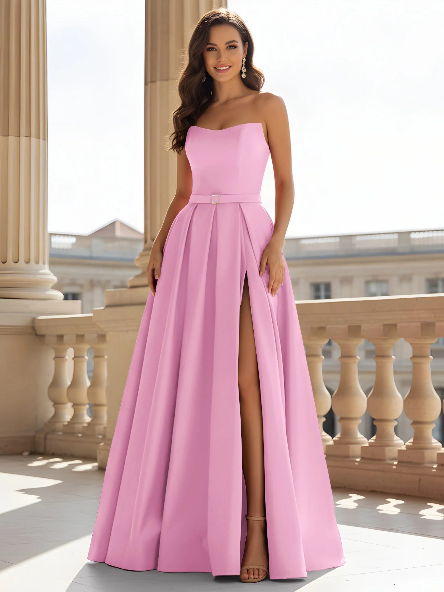 Strapless Structured Satin Ball Gown with Belt Detail Candy Pink