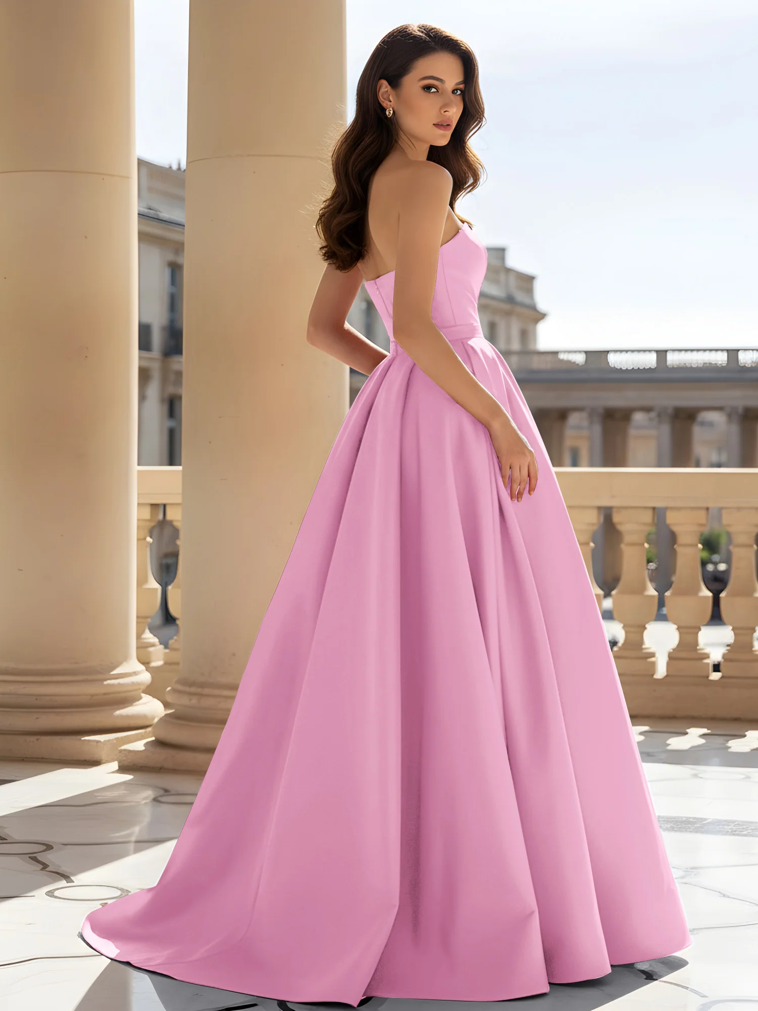 Strapless Structured Satin Ball Gown with Belt Detail Candy Pink - Image 2