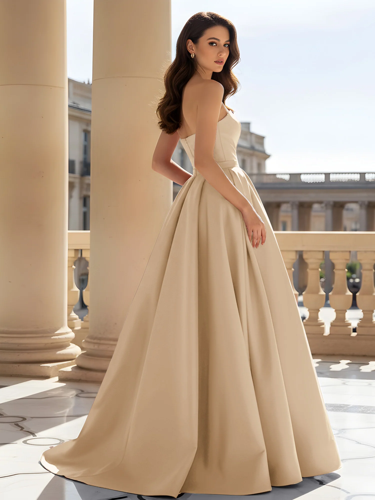 Strapless Structured Satin Ball Gown with Belt Detail Champagne - Image 2