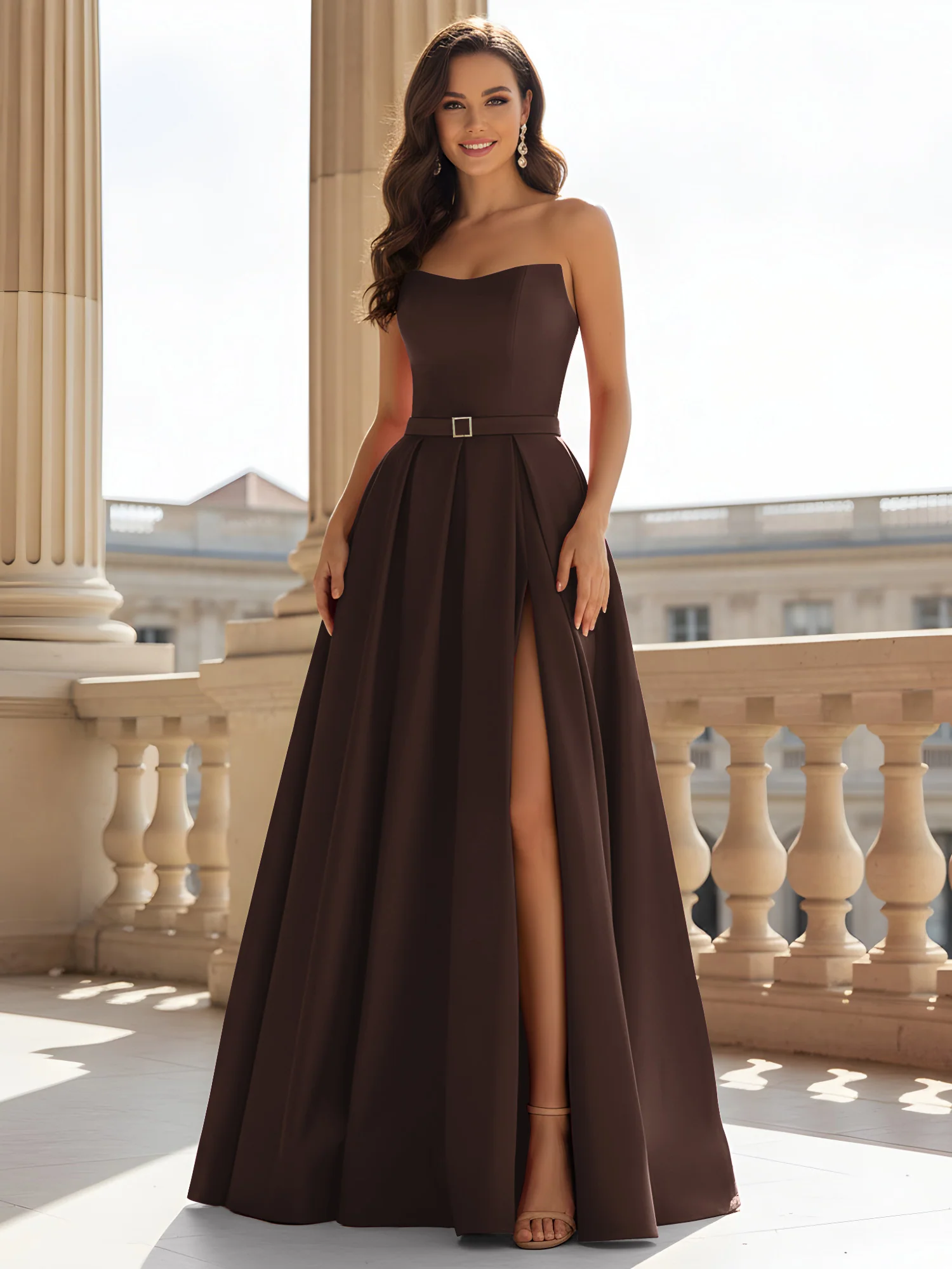 Strapless Structured Satin Ball Gown with Belt Detail Chocolate