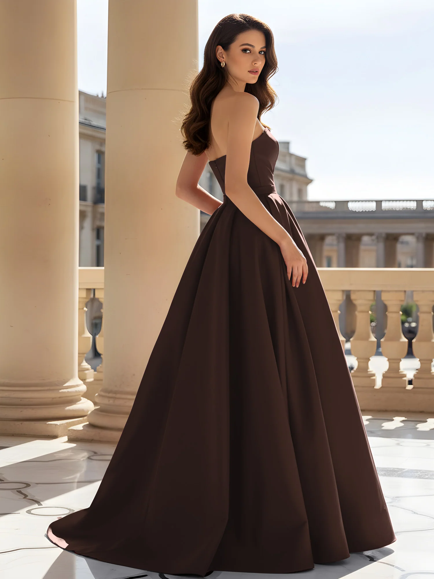 Strapless Structured Satin Ball Gown with Belt Detail Chocolate - Image 2