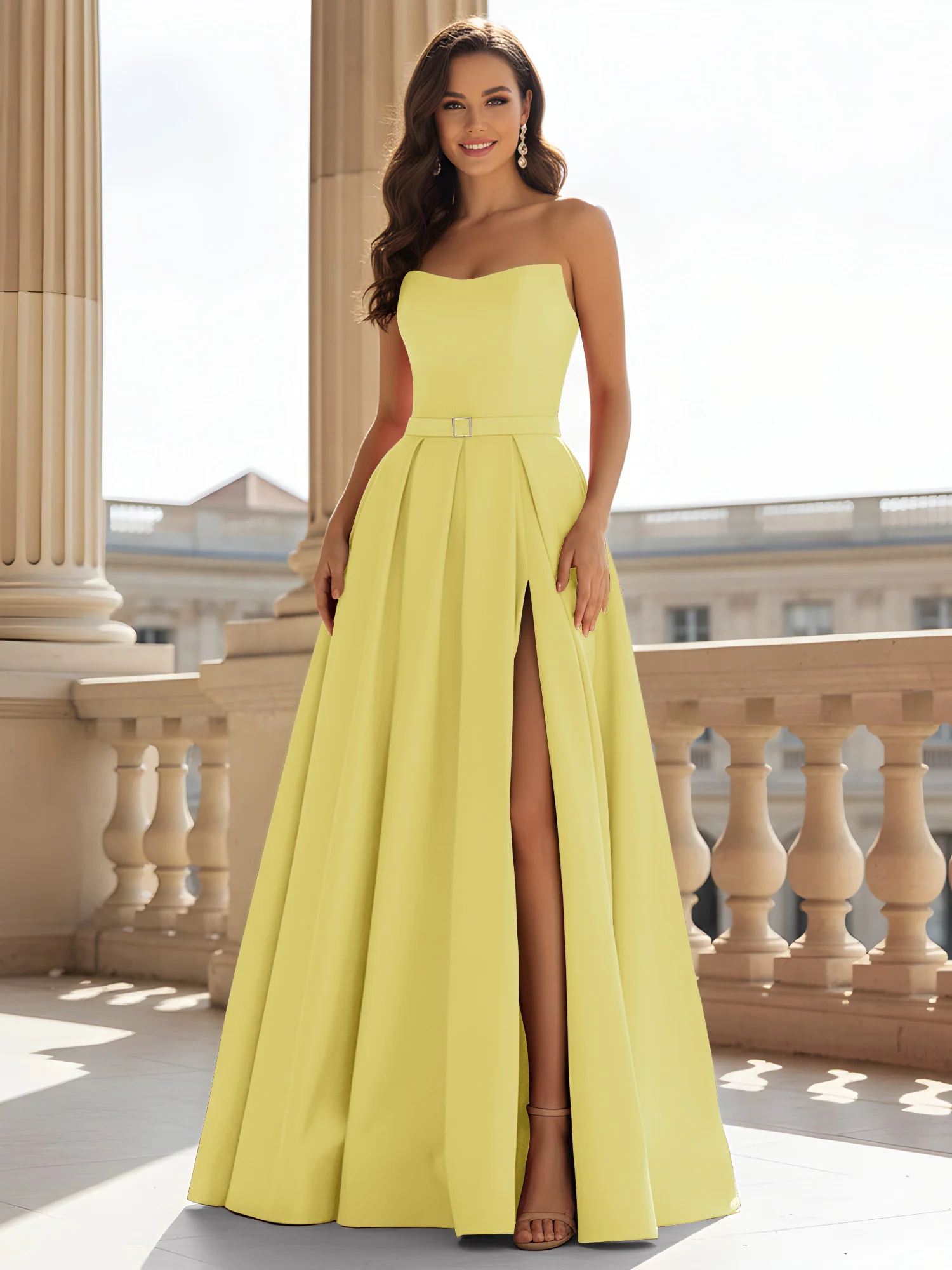 Strapless Structured Satin Ball Gown with Belt Detail Daffodil