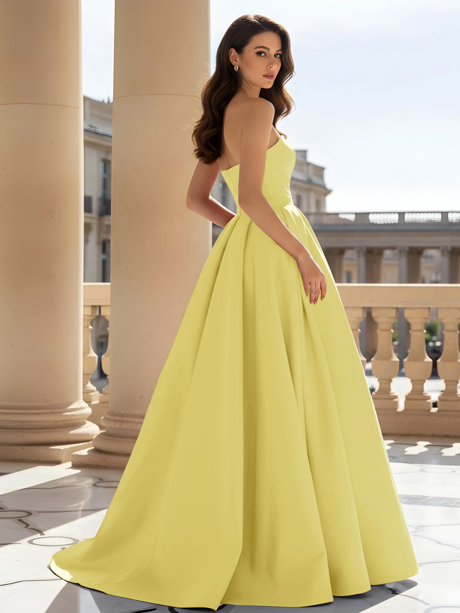 Strapless Structured Satin Ball Gown with Belt Detail Daffodil - Image 2