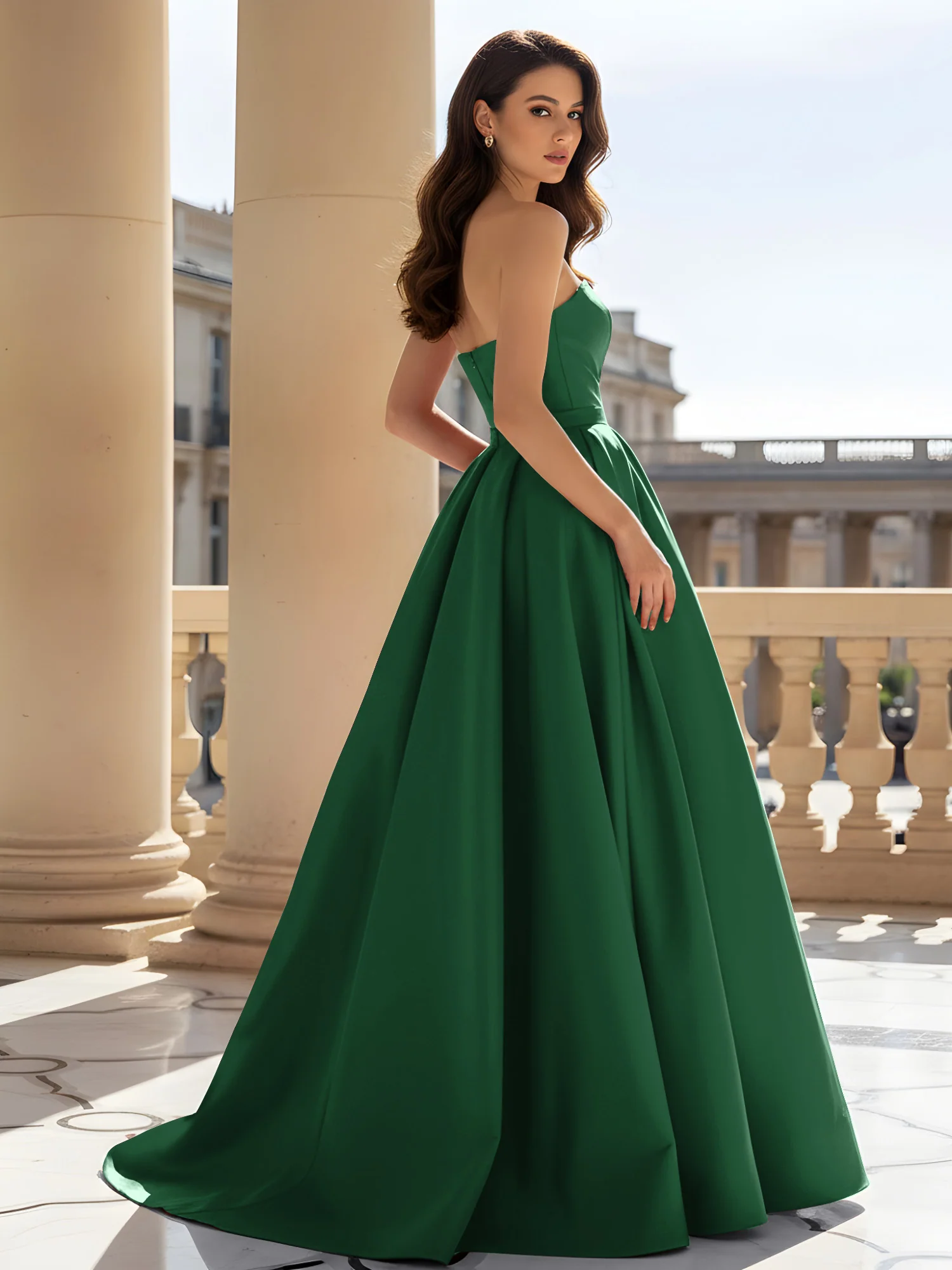 Strapless Structured Satin Ball Gown with Belt Detail Dark Green - Image 2