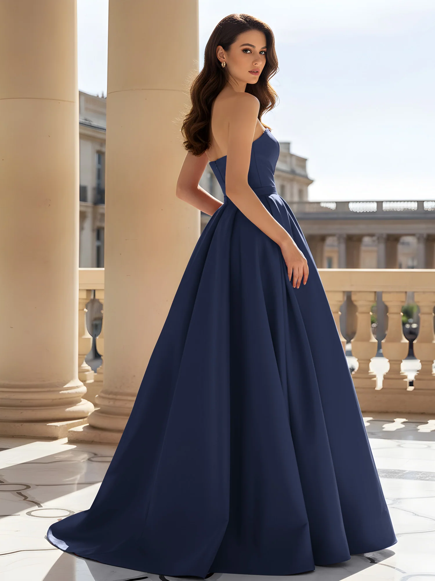 Strapless Structured Satin Ball Gown with Belt Detail Dark Navy - Image 2