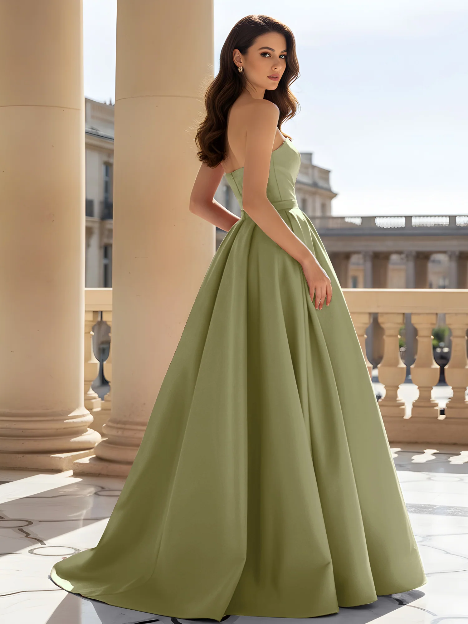 Strapless Structured Satin Ball Gown with Belt Detail Dusty Sage - Image 2