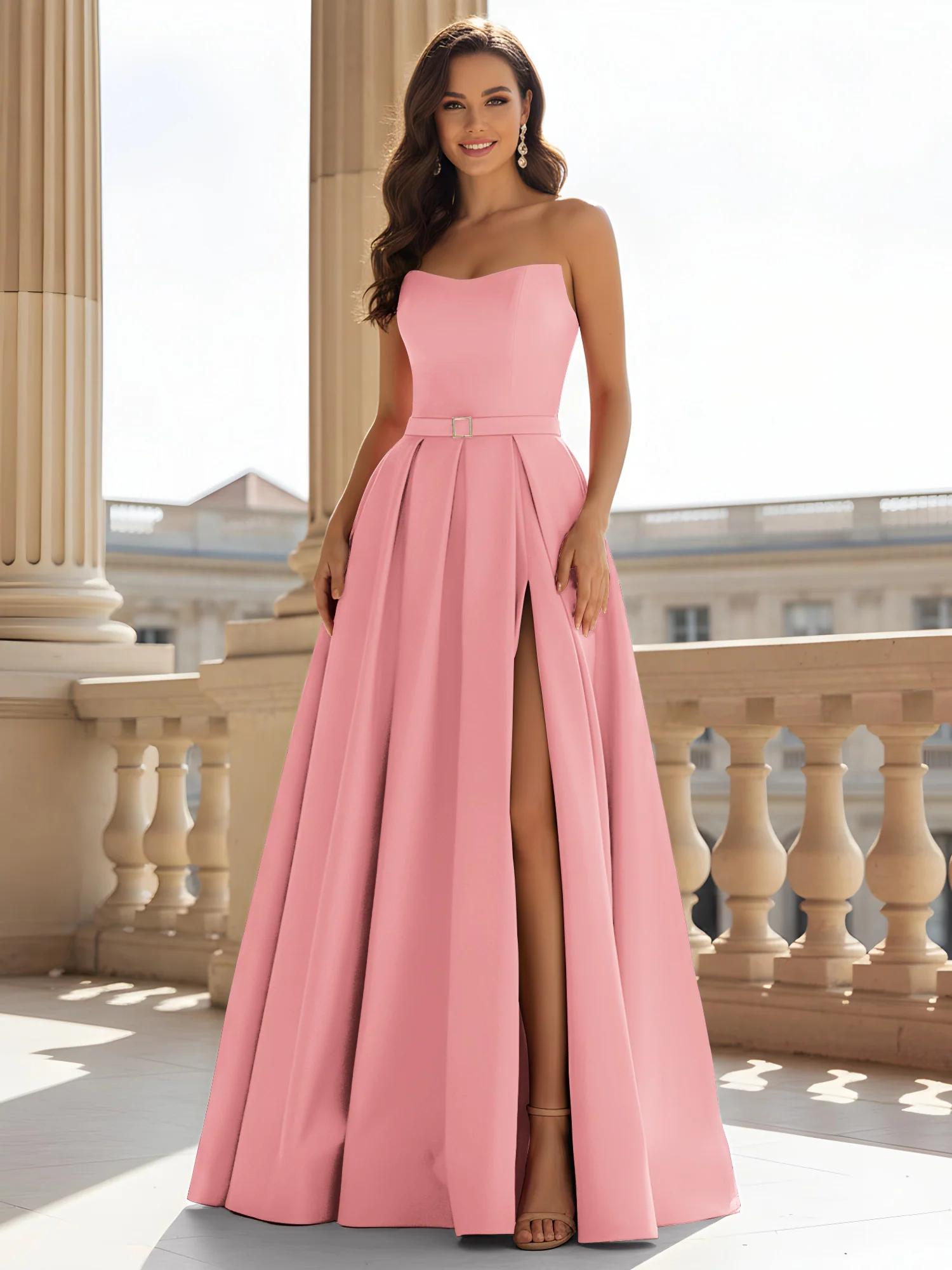 Strapless Structured Satin Ball Gown with Belt Detail Flamingo