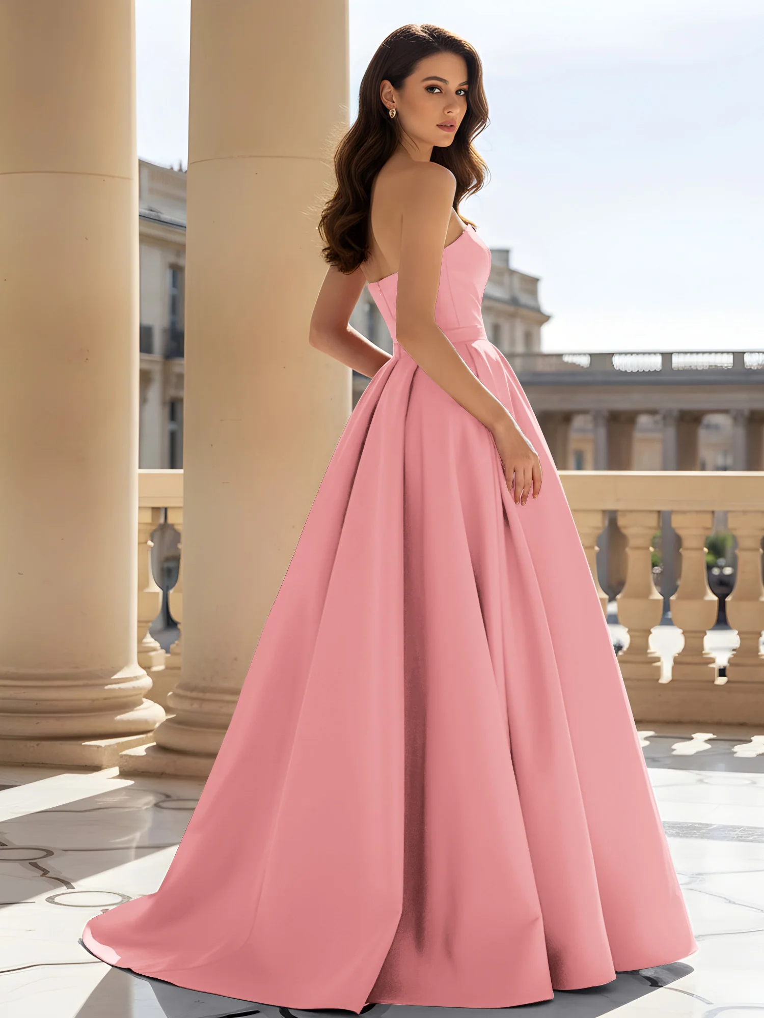 Strapless Structured Satin Ball Gown with Belt Detail Flamingo - Image 2