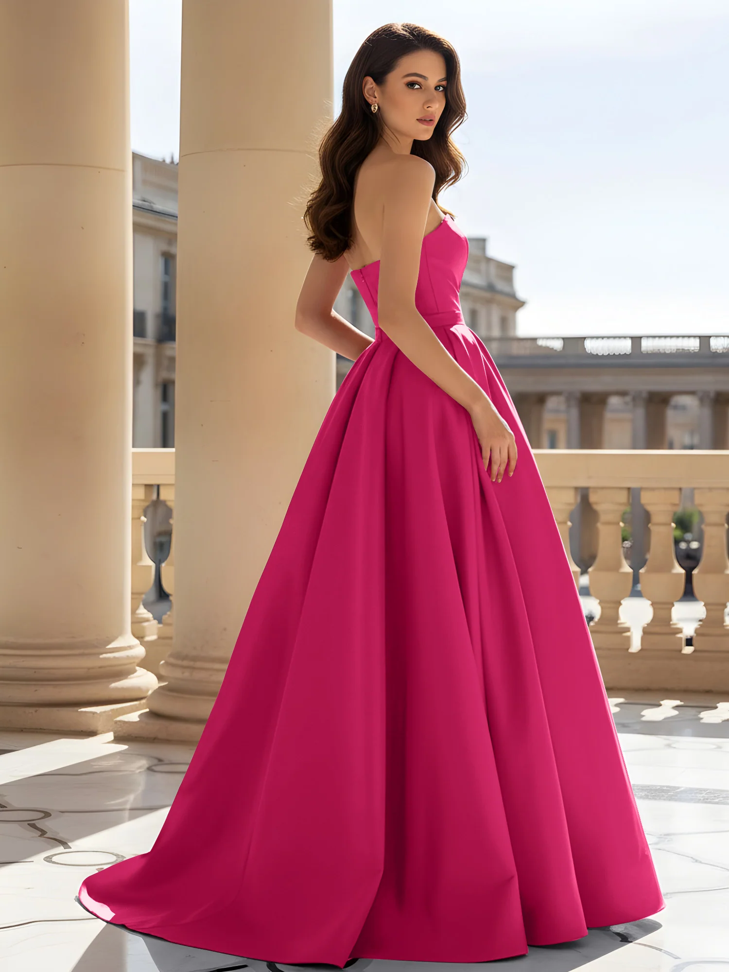Strapless Structured Satin Ball Gown with Belt Detail Fuchsia - Image 2