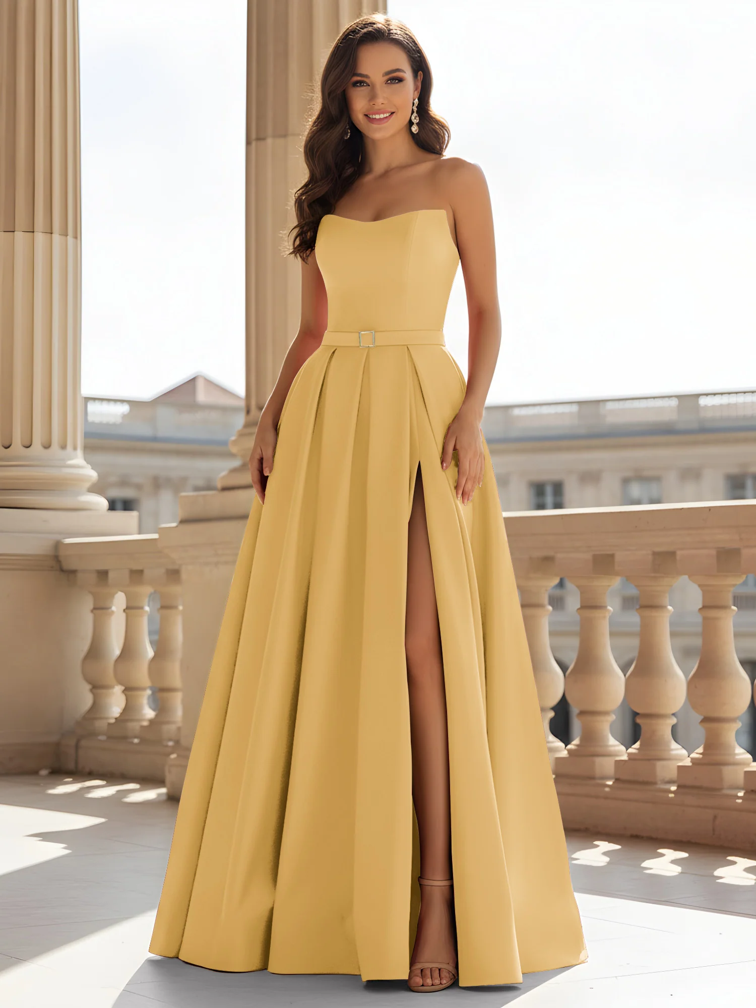 Strapless Structured Satin Ball Gown with Belt Detail Gold