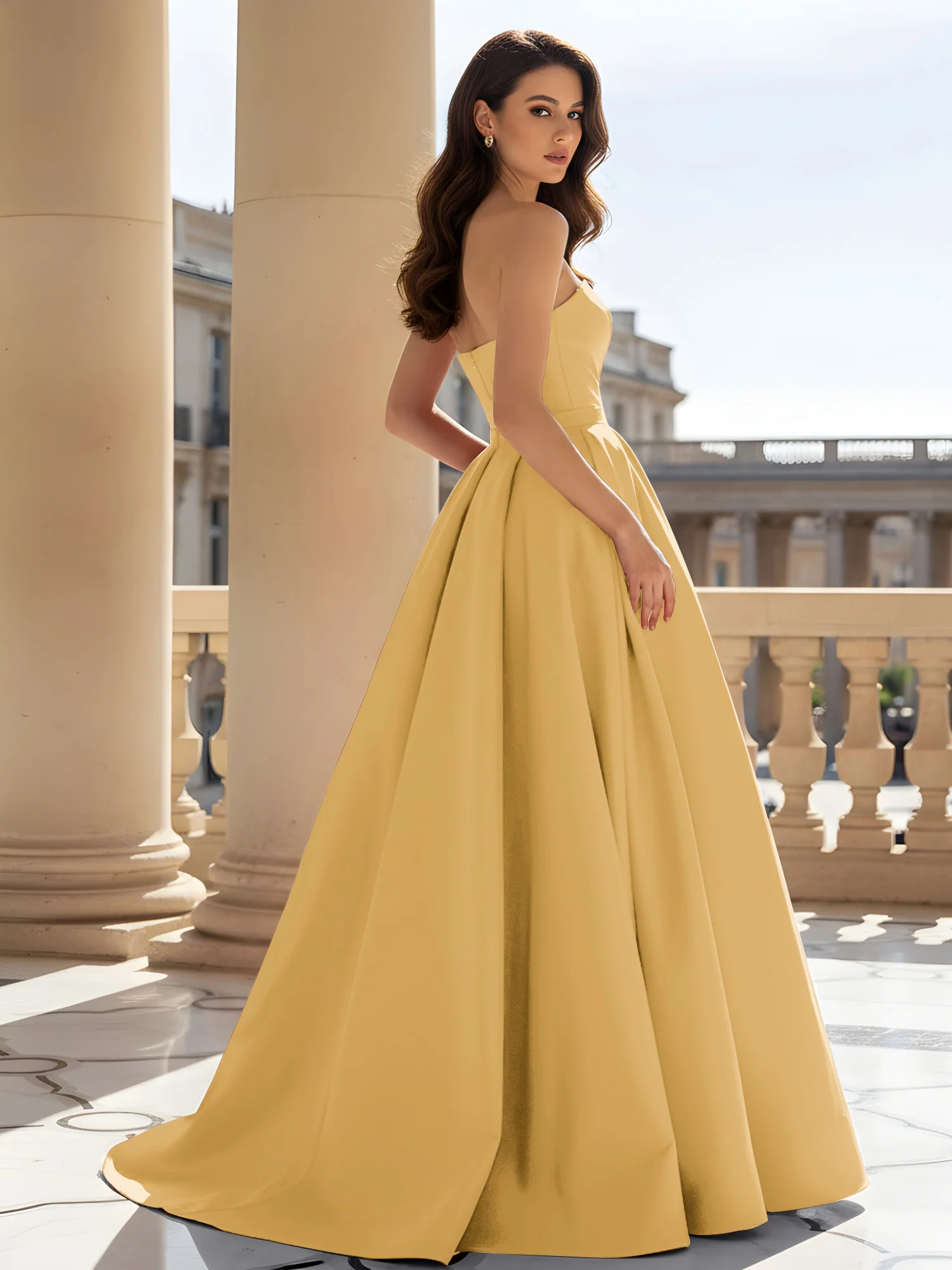 Strapless Structured Satin Ball Gown with Belt Detail Gold - Image 2