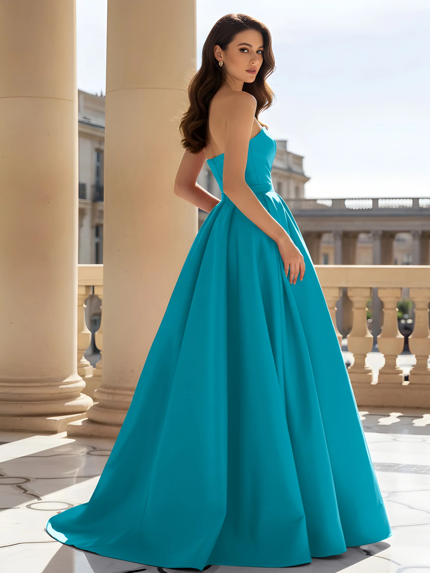 Strapless Structured Satin Ball Gown with Belt Detail Jade - Image 2