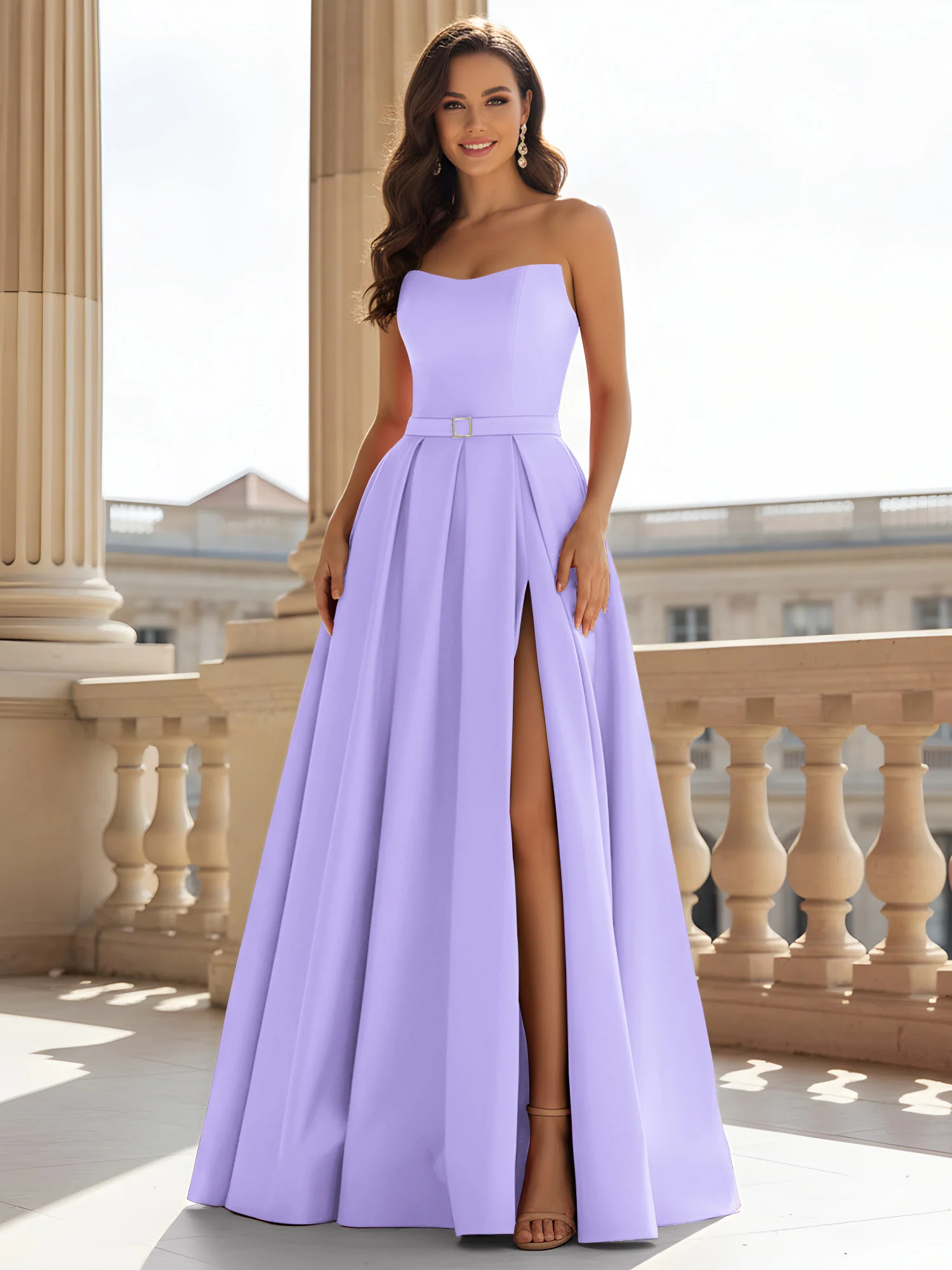 Strapless Structured Satin Ball Gown with Belt Detail Lilac