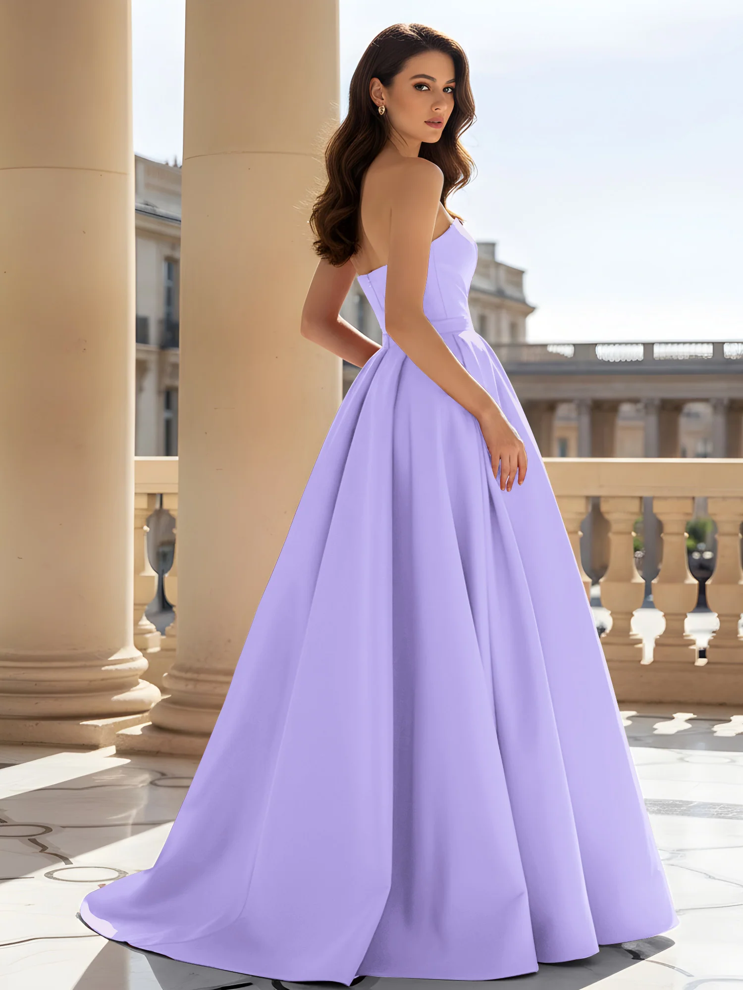 Strapless Structured Satin Ball Gown with Belt Detail Lilac - Image 2