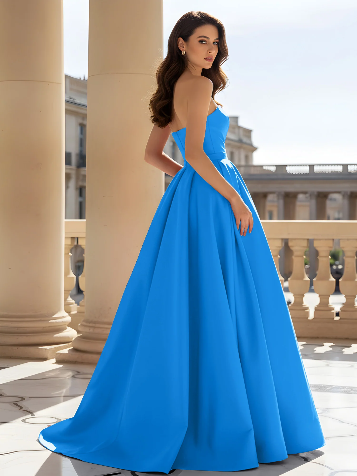 Strapless Structured Satin Ball Gown with Belt Detail Ocean Blue - Image 2