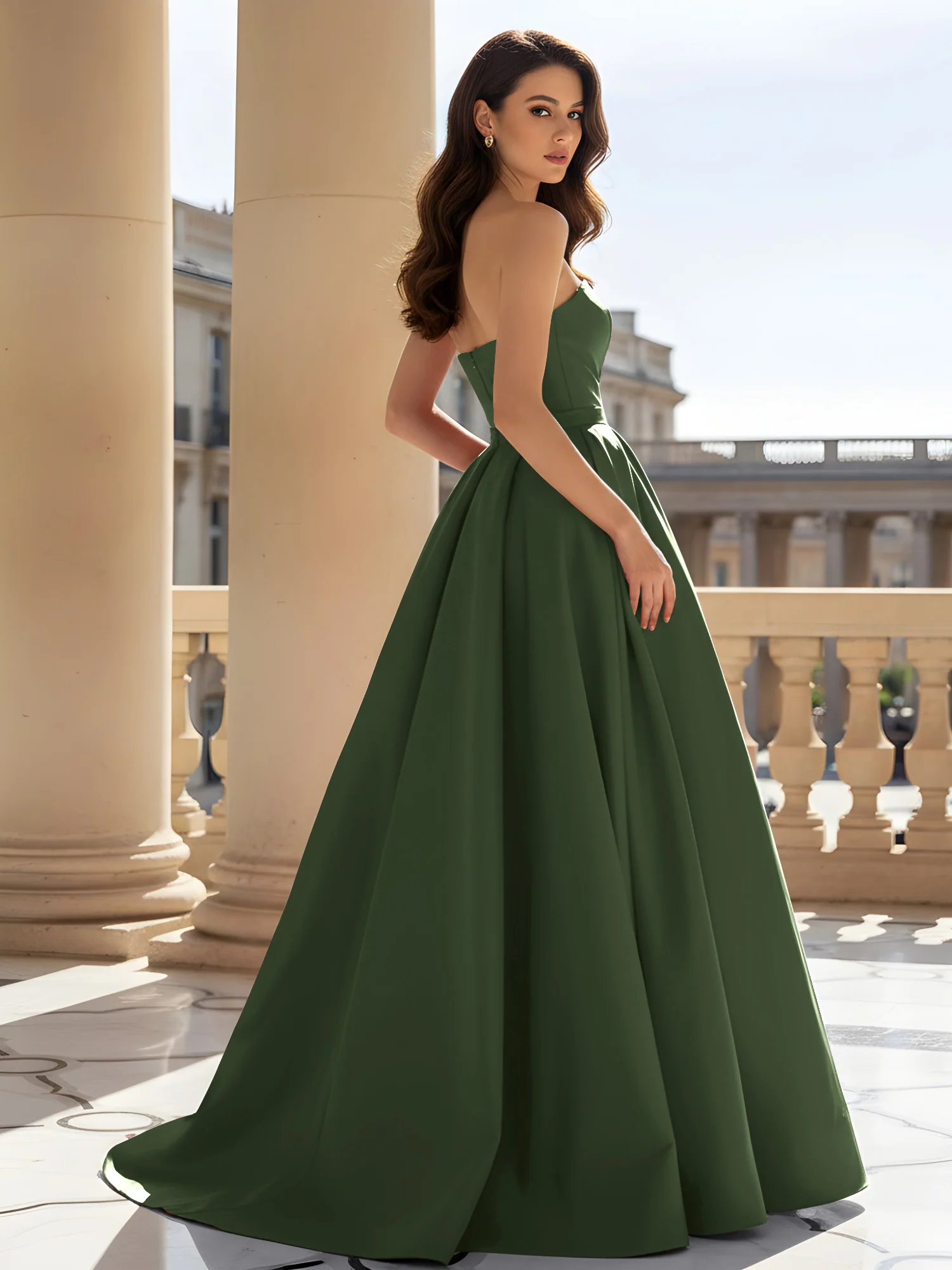 Strapless Structured Satin Ball Gown with Belt Detail Olive Green - Image 2
