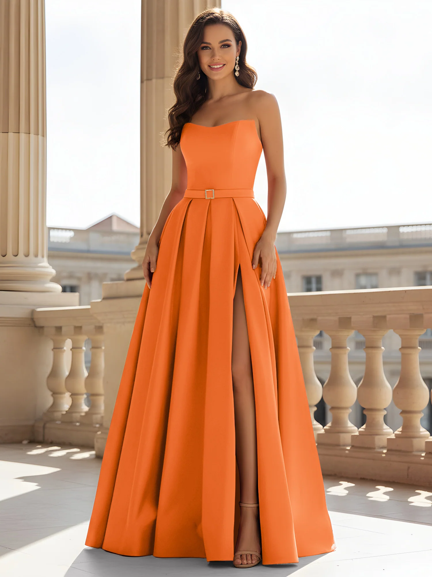 Strapless Structured Satin Ball Gown with Belt Detail Orange
