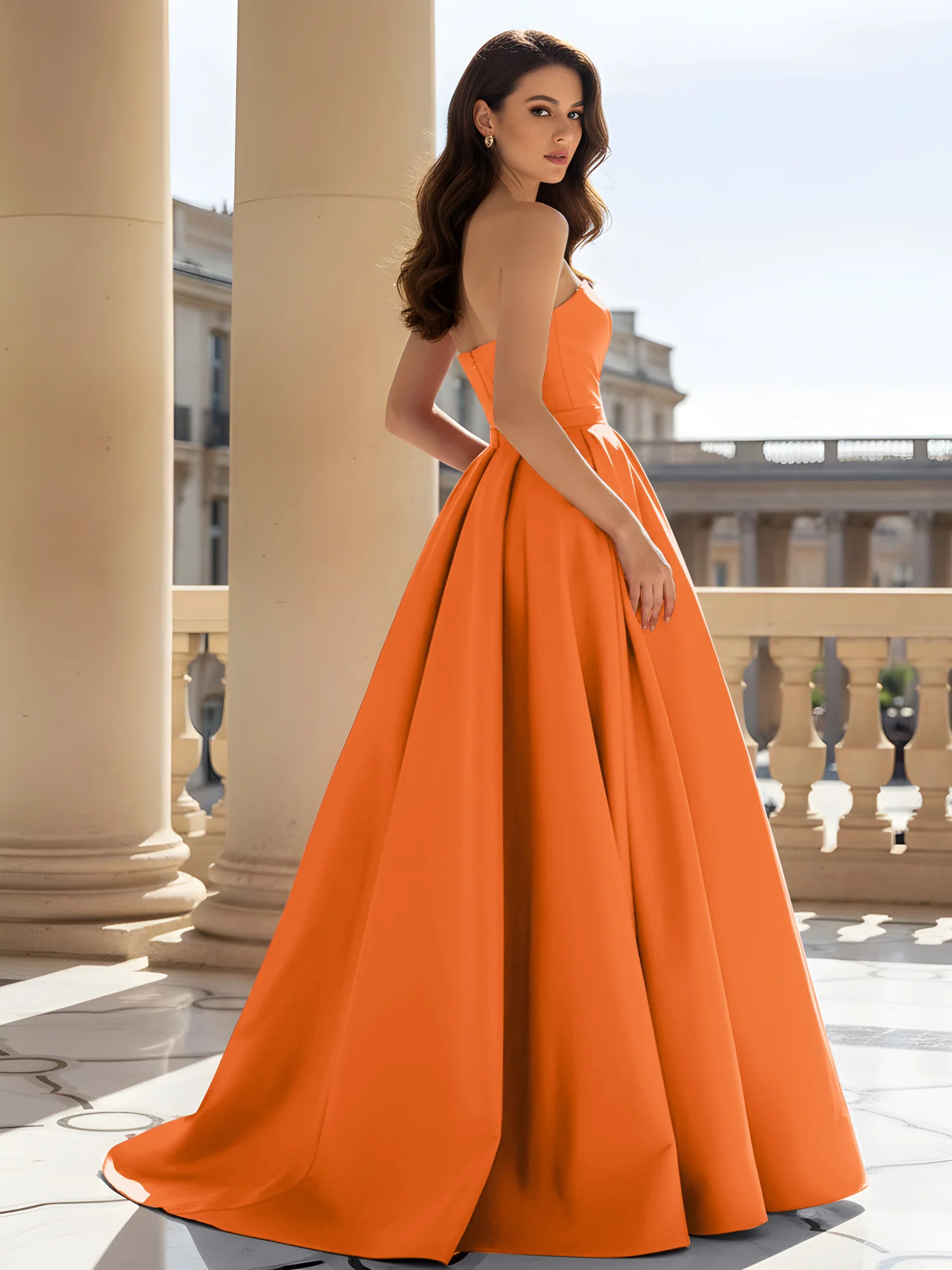 Strapless Structured Satin Ball Gown with Belt Detail Orange - Image 2