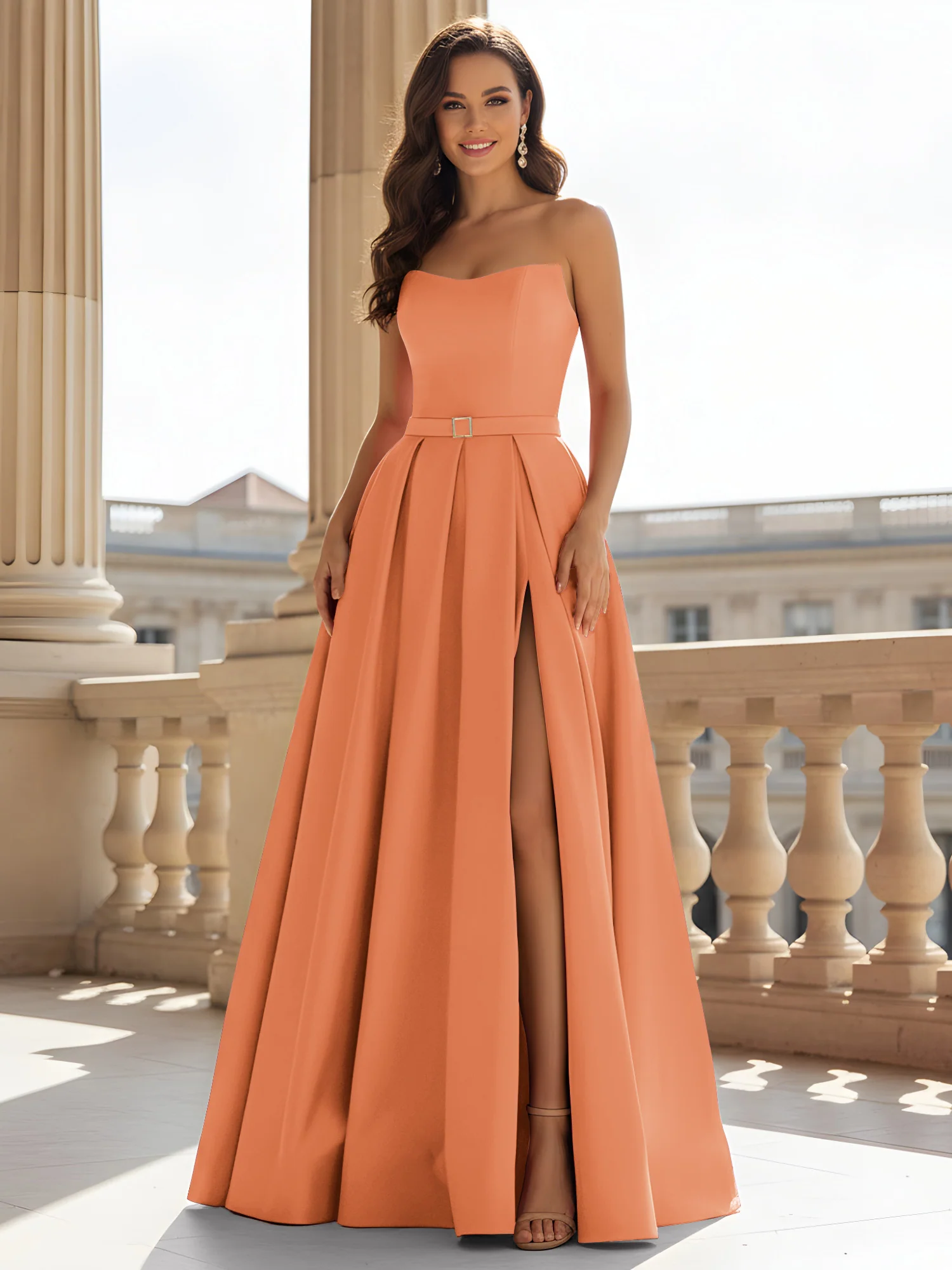 Strapless Structured Satin Ball Gown with Belt Detail Papaya