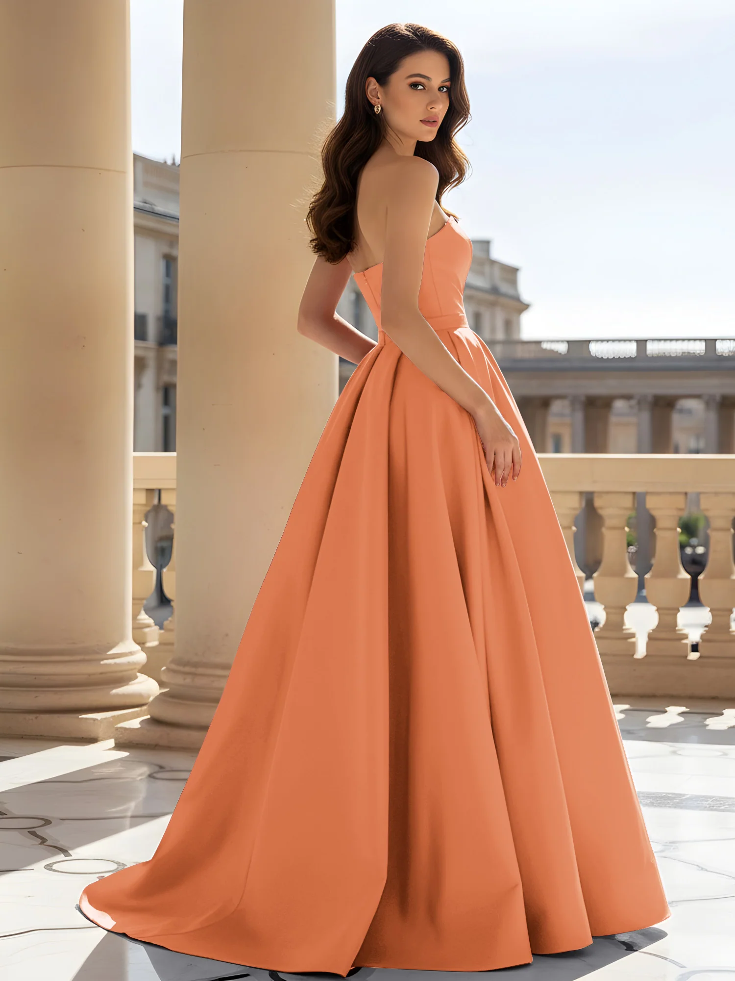 Strapless Structured Satin Ball Gown with Belt Detail Papaya - Image 2