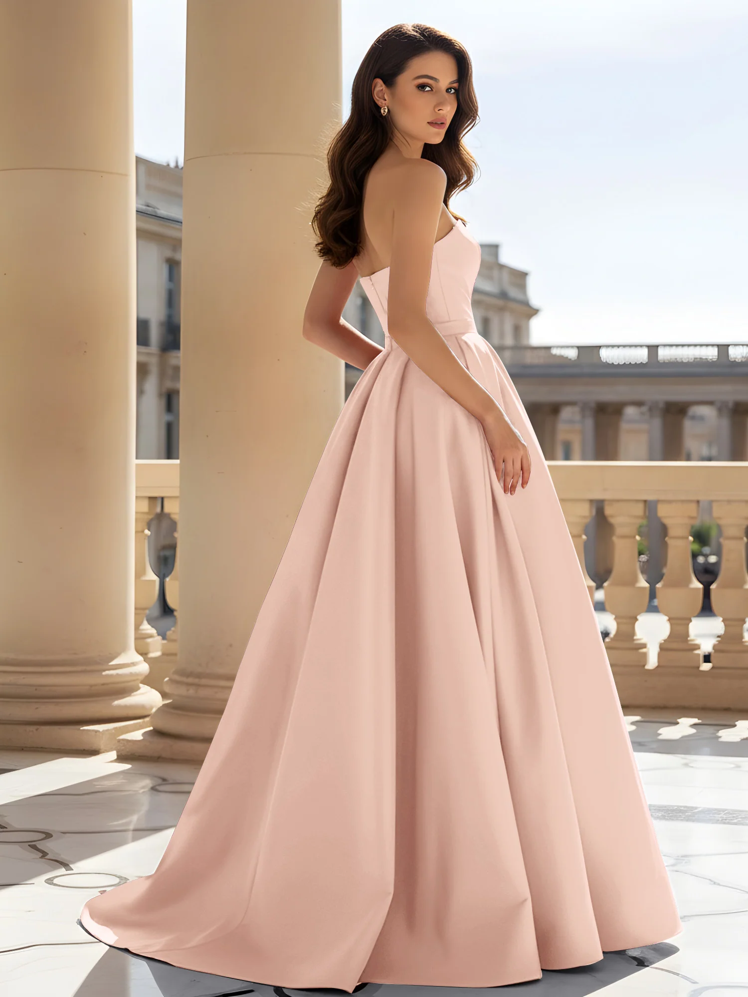 Strapless Structured Satin Ball Gown with Belt Detail Pearl Pink - Image 2