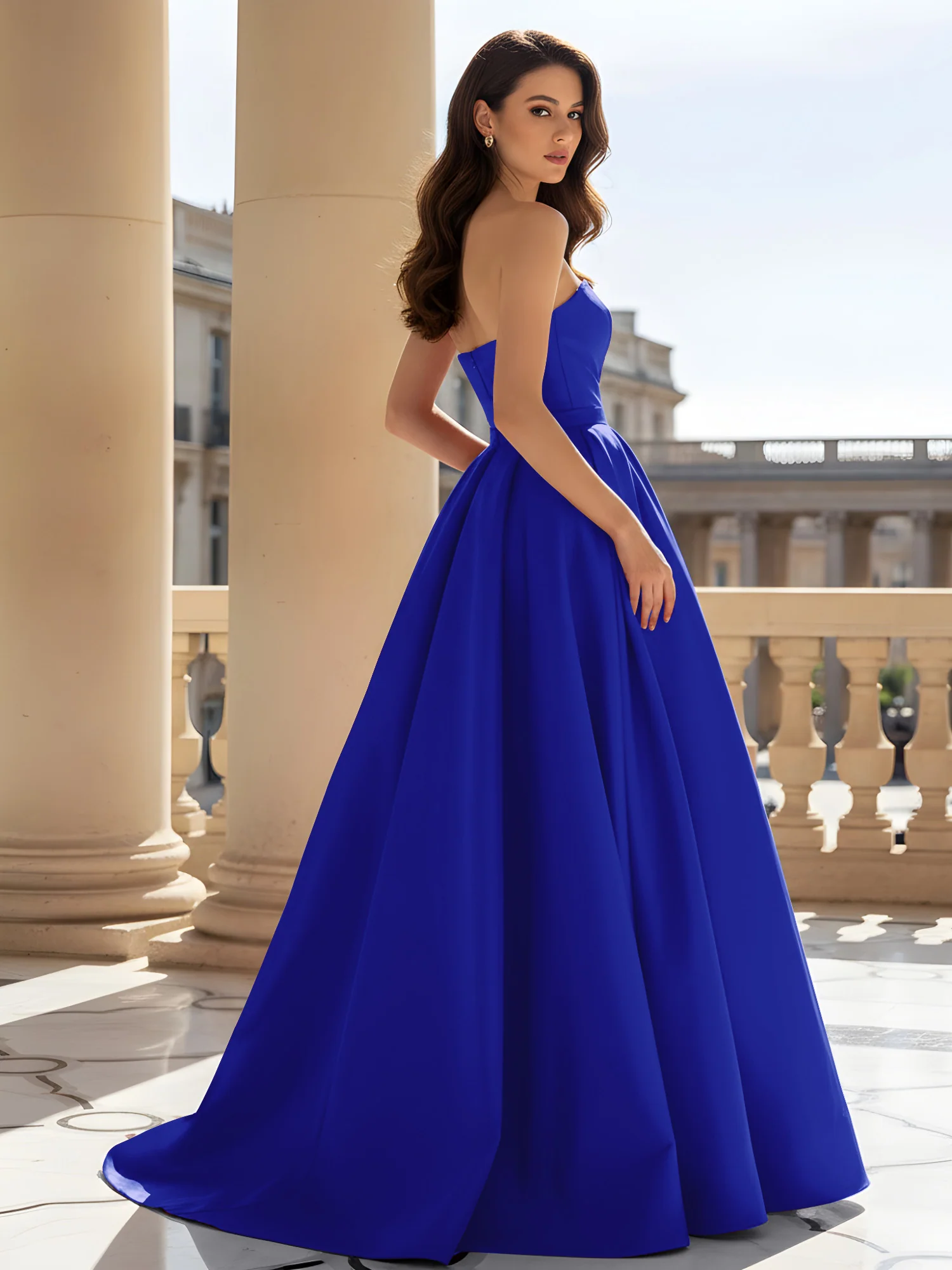 Strapless Structured Satin Ball Gown with Belt Detail Royal Blue - Image 2