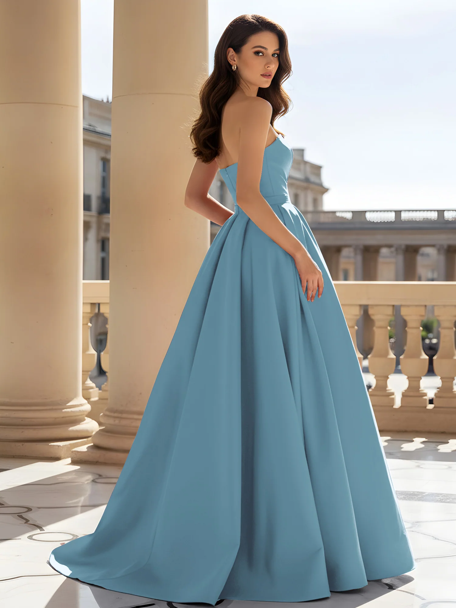 Strapless Structured Satin Ball Gown with Belt Detail Slate Blue - Image 2